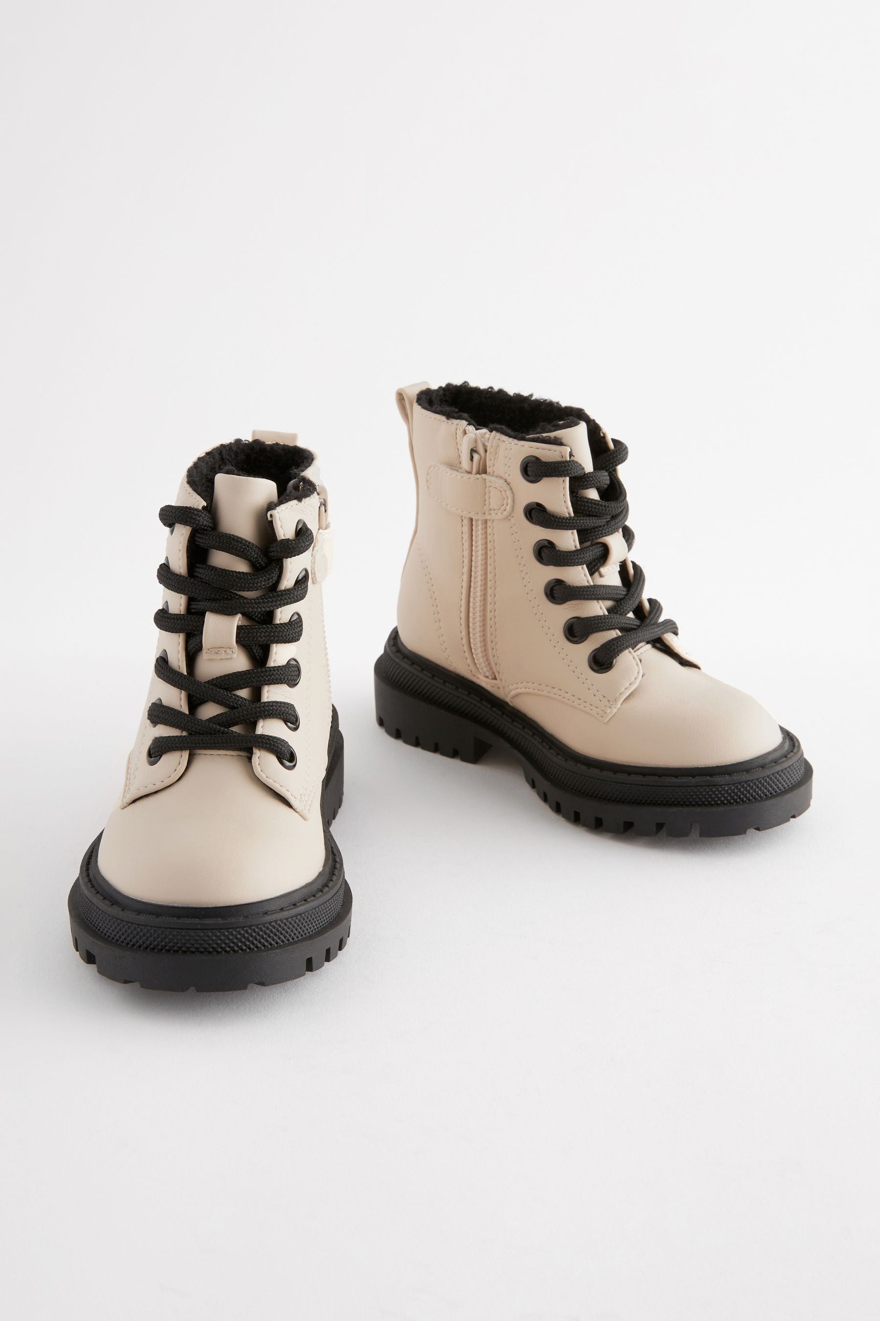 Neutral White Wide Fit (G) Chunky Lace-Up Boots