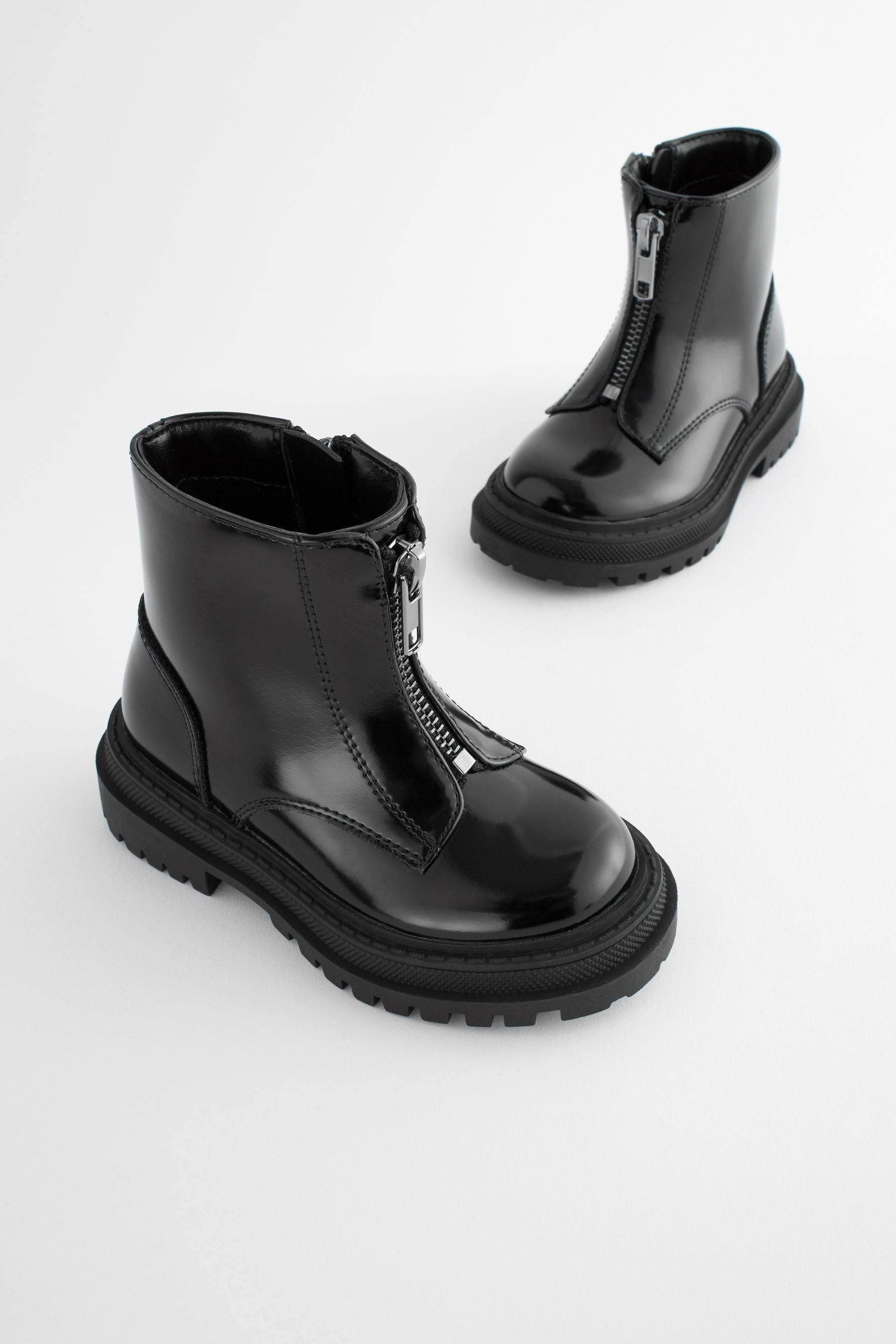 Black Patient Wide Fit (G) Zip Front Chunky Boots