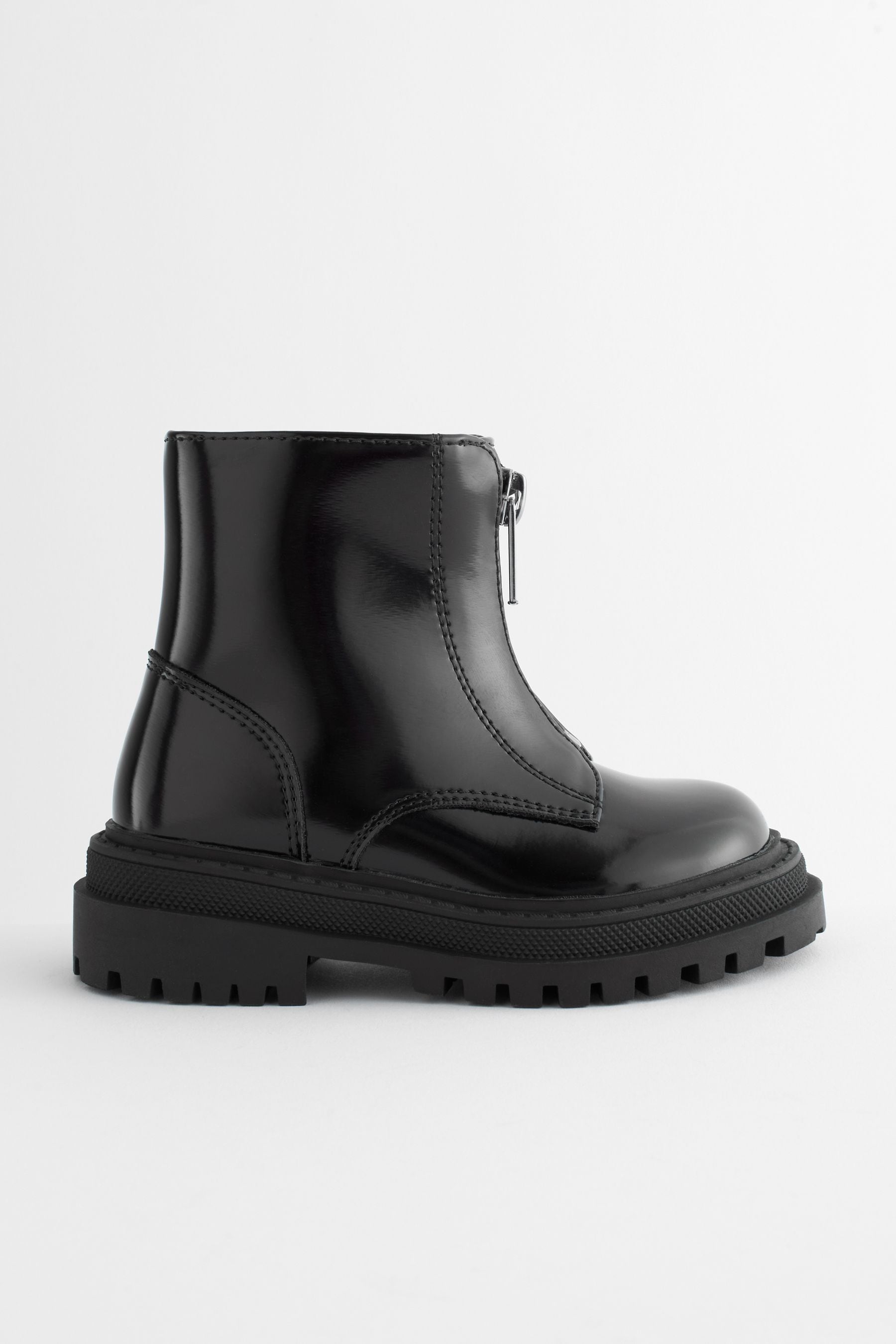 Black Patient Wide Fit (G) Zip Front Chunky Boots