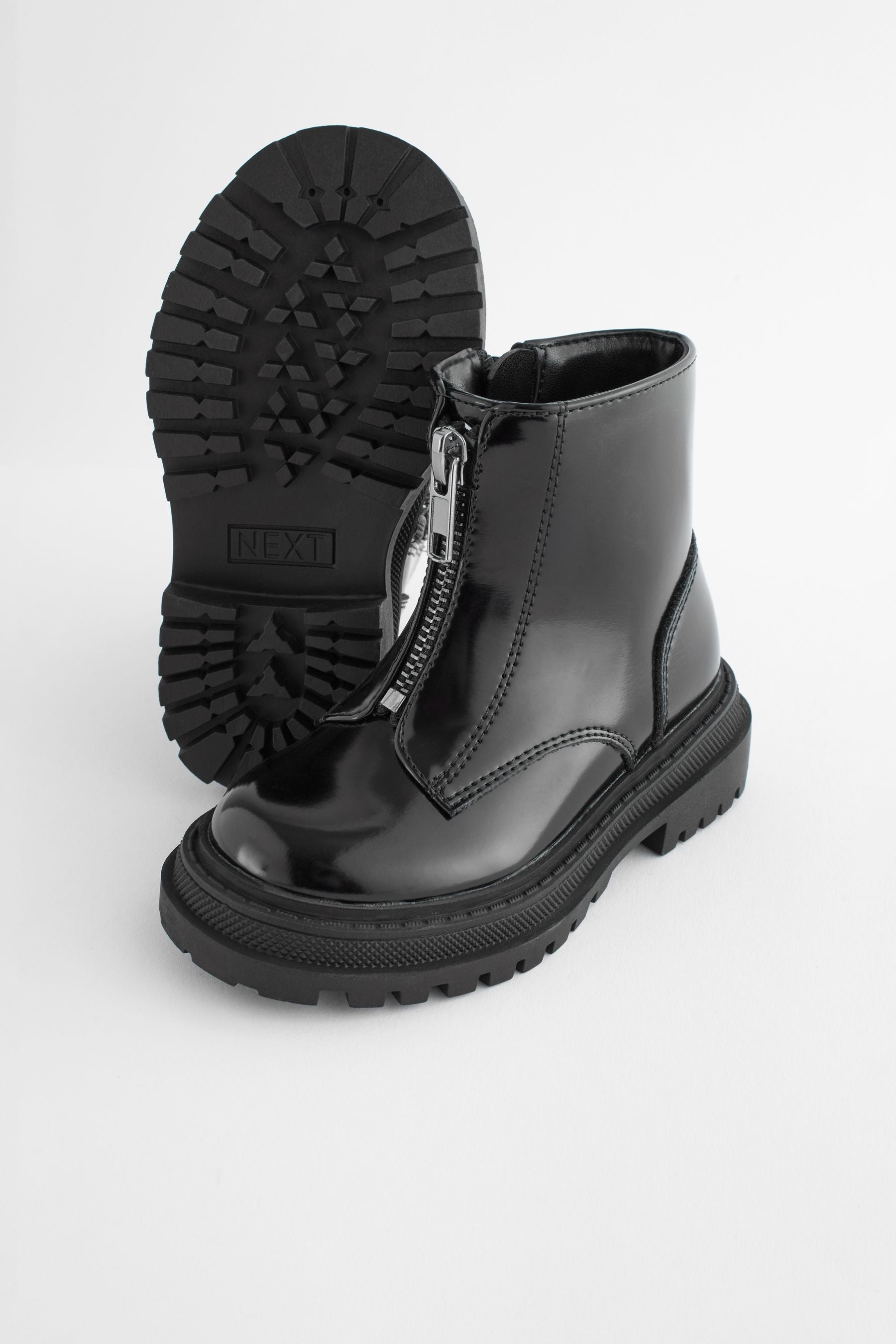 Black Patient Wide Fit (G) Zip Front Chunky Boots