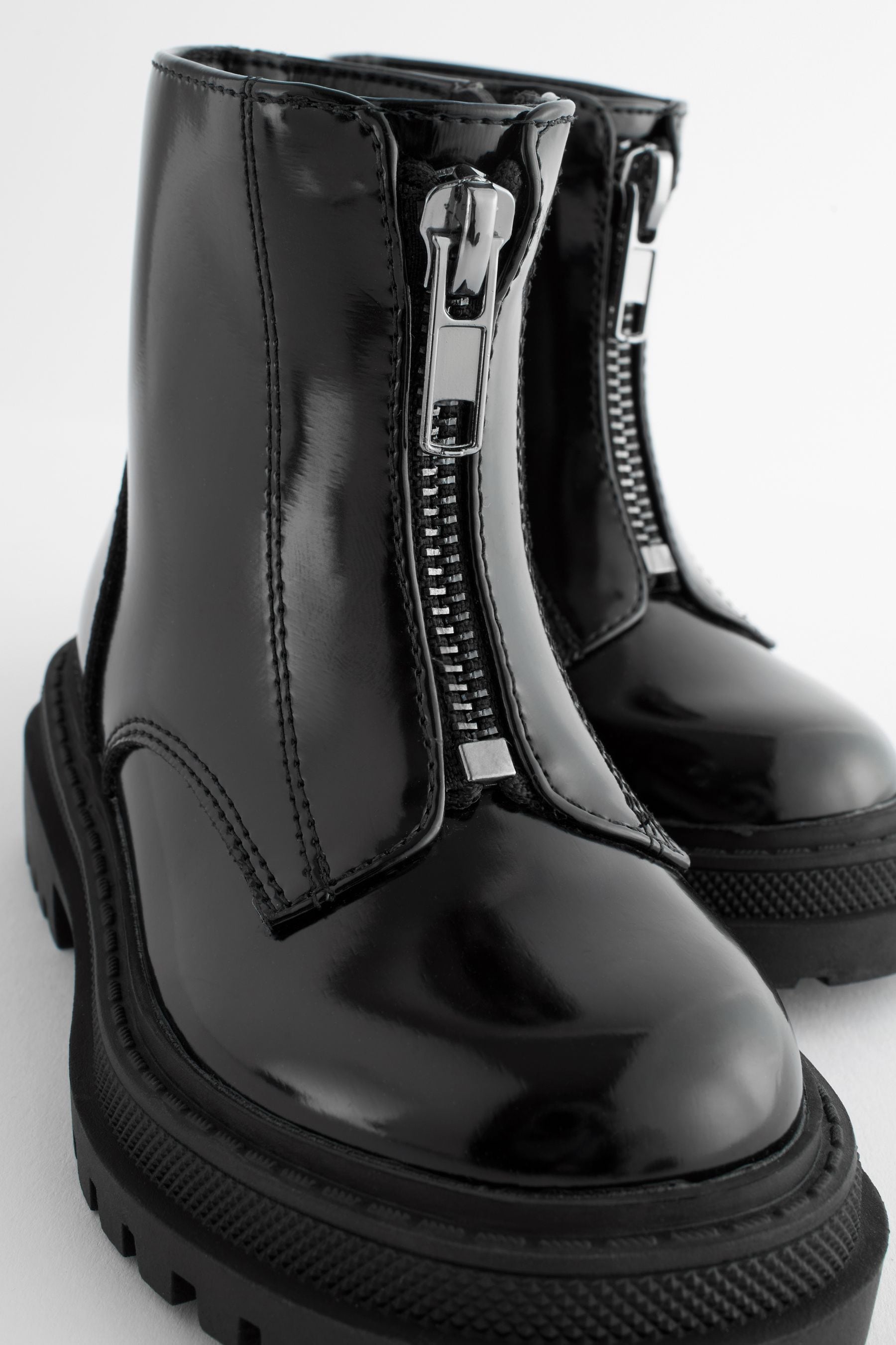 Black Patient Wide Fit (G) Zip Front Chunky Boots