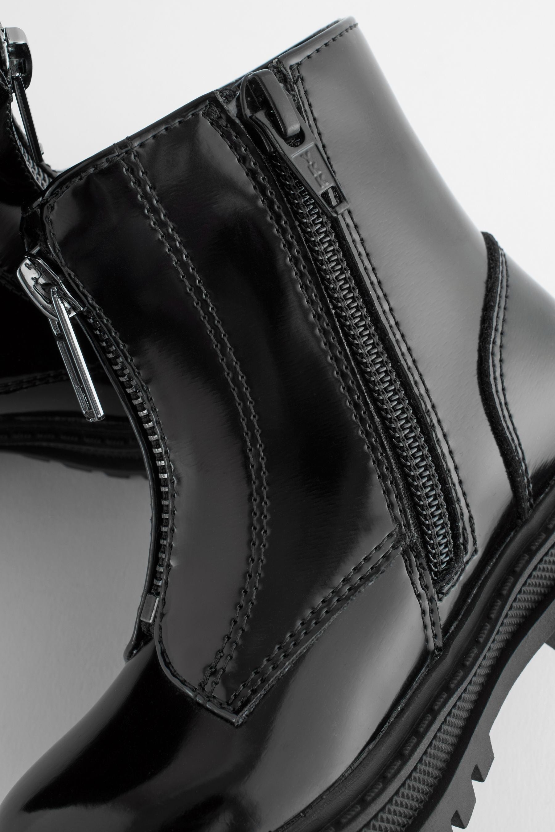 Black Patent Wide Fit (G) Zip Front Chunky Boots