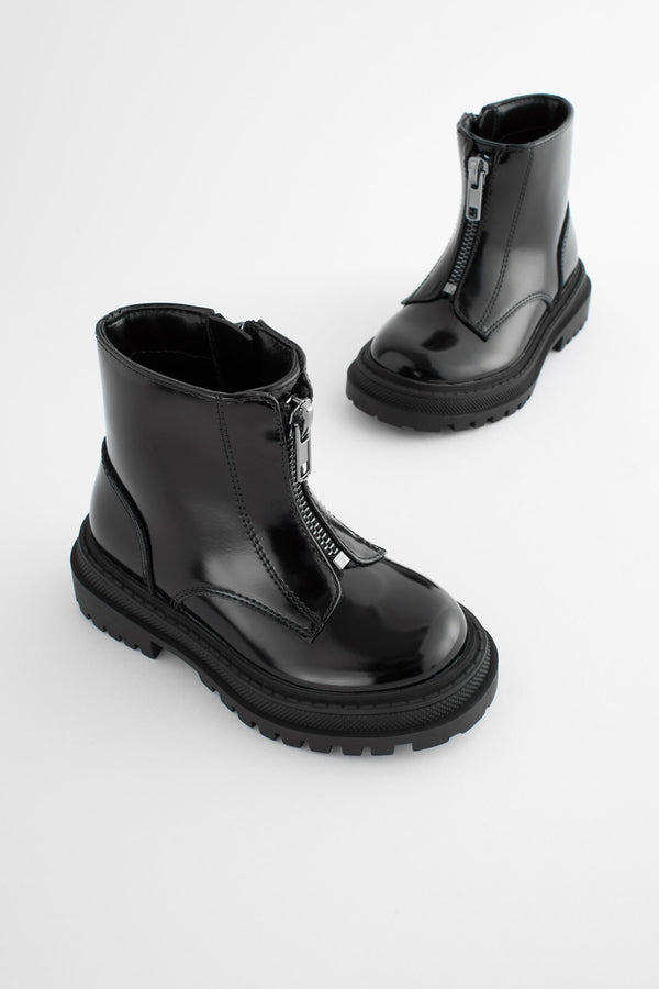 Black Patent Zip Front Chunky Boots