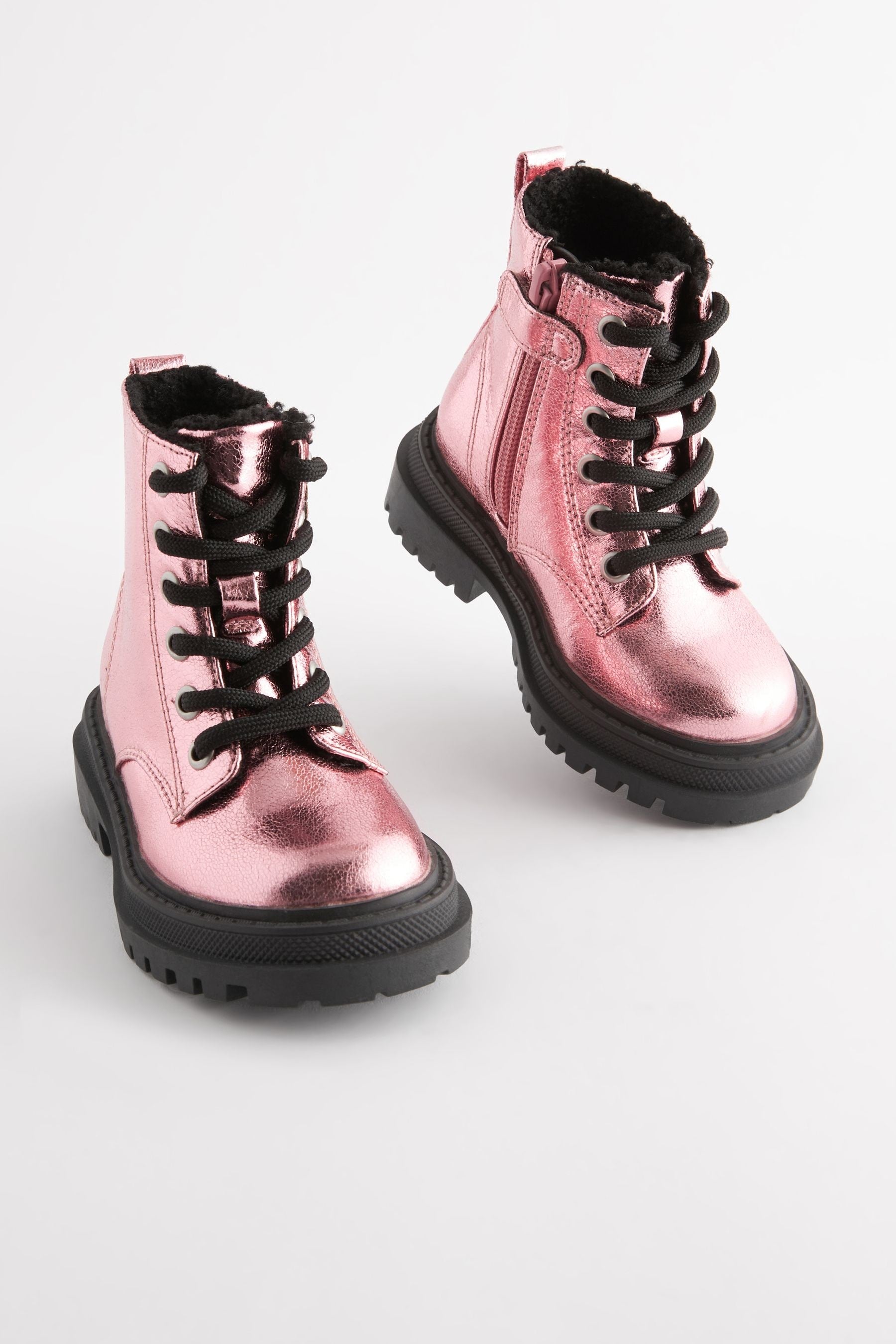 Pink Metallic Wide Fit (G) Chunky Lace-Up Boots