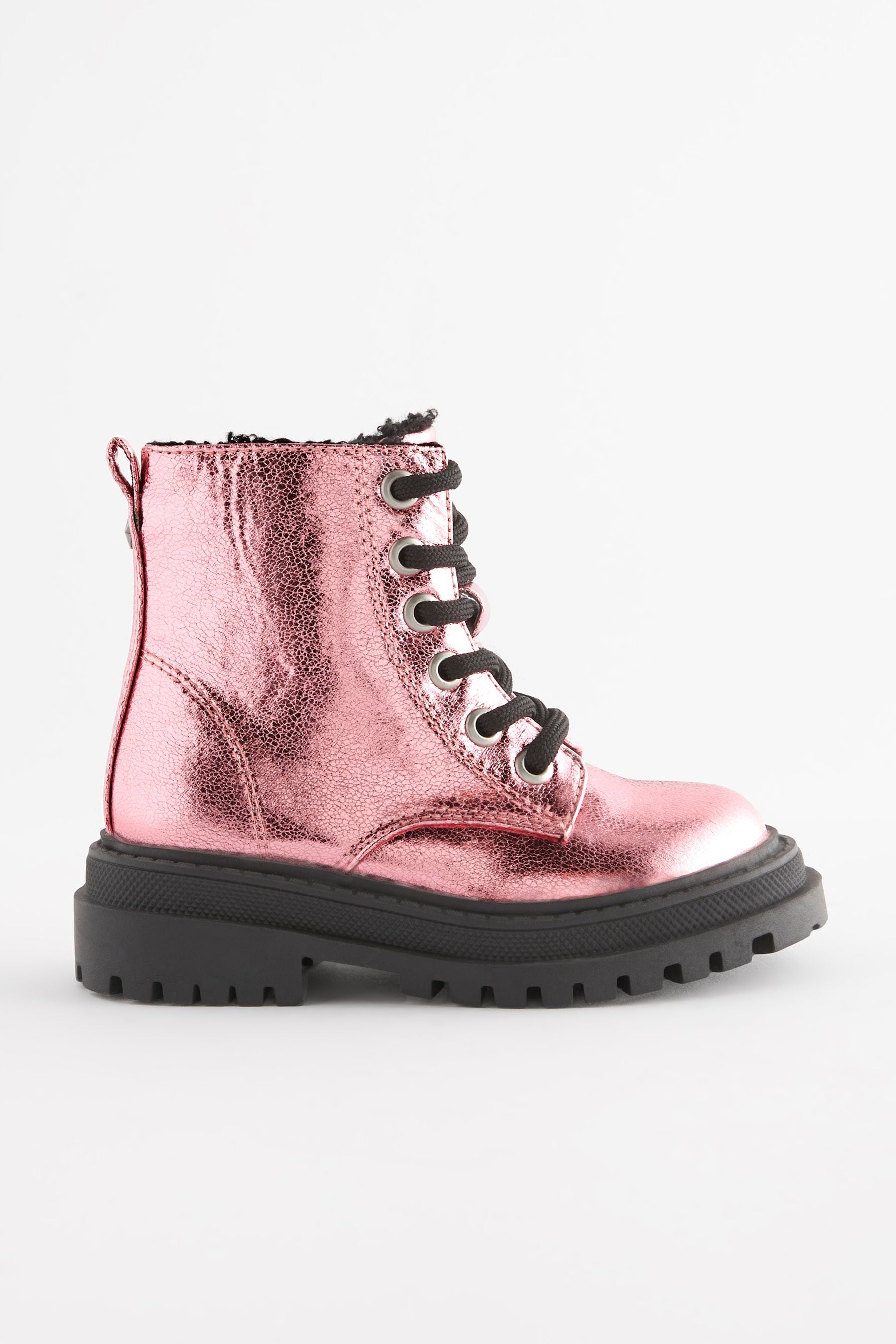 Pink Metallic Wide Fit (G) Chunky Lace-Up Boots