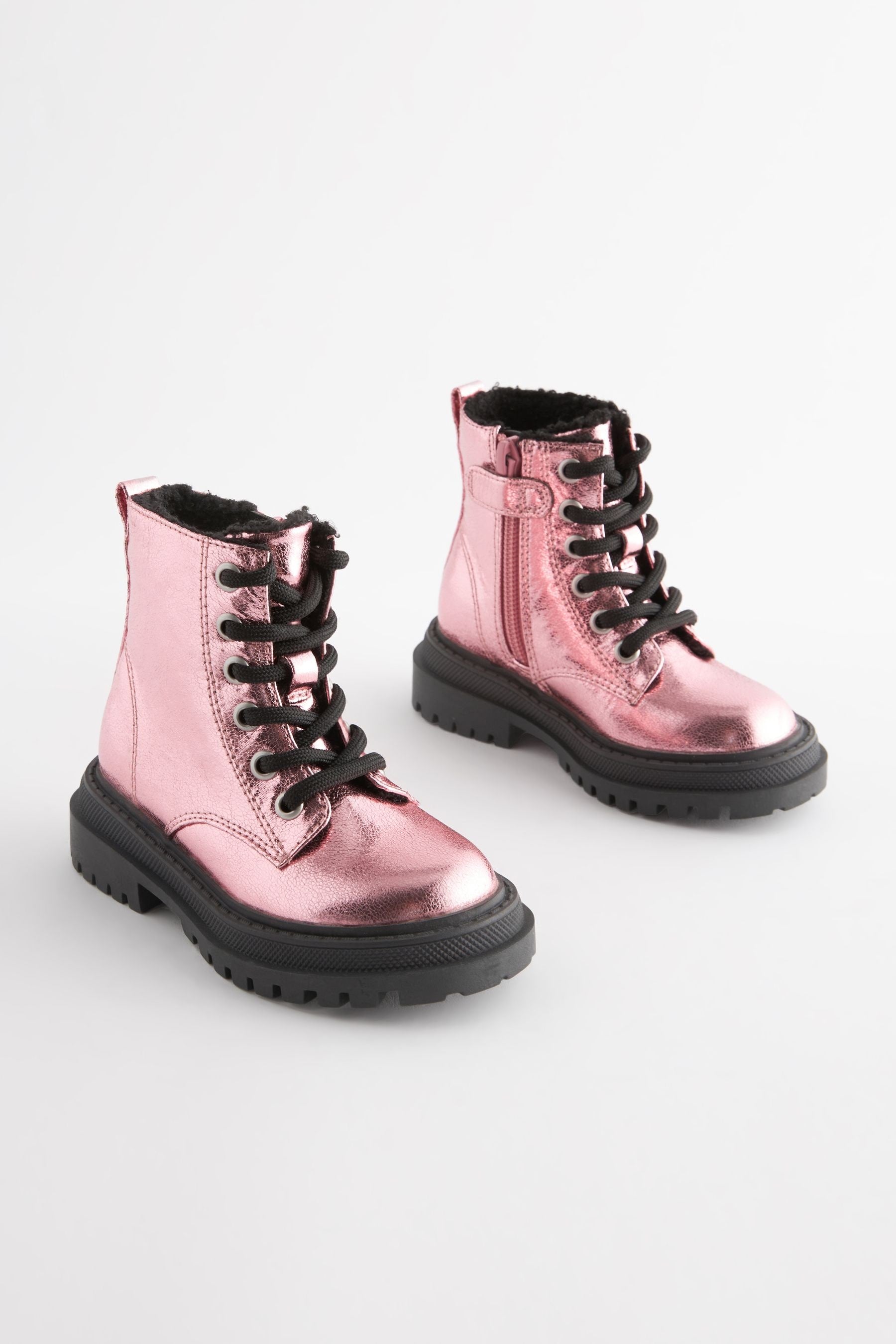 Pink Metallic Wide Fit (G) Chunky Lace-Up Boots