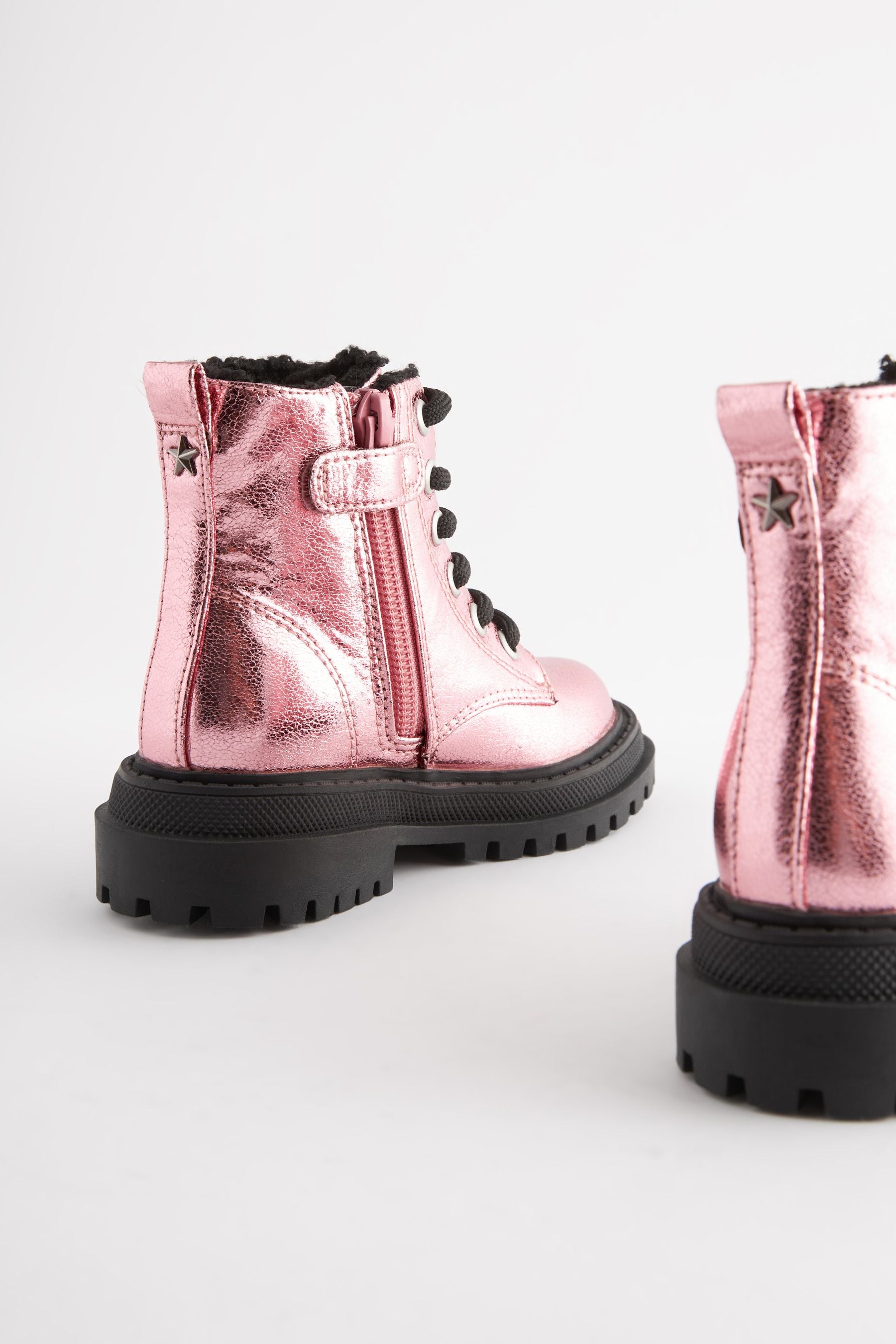 Pink Metallic Wide Fit (G) Chunky Lace-Up Boots