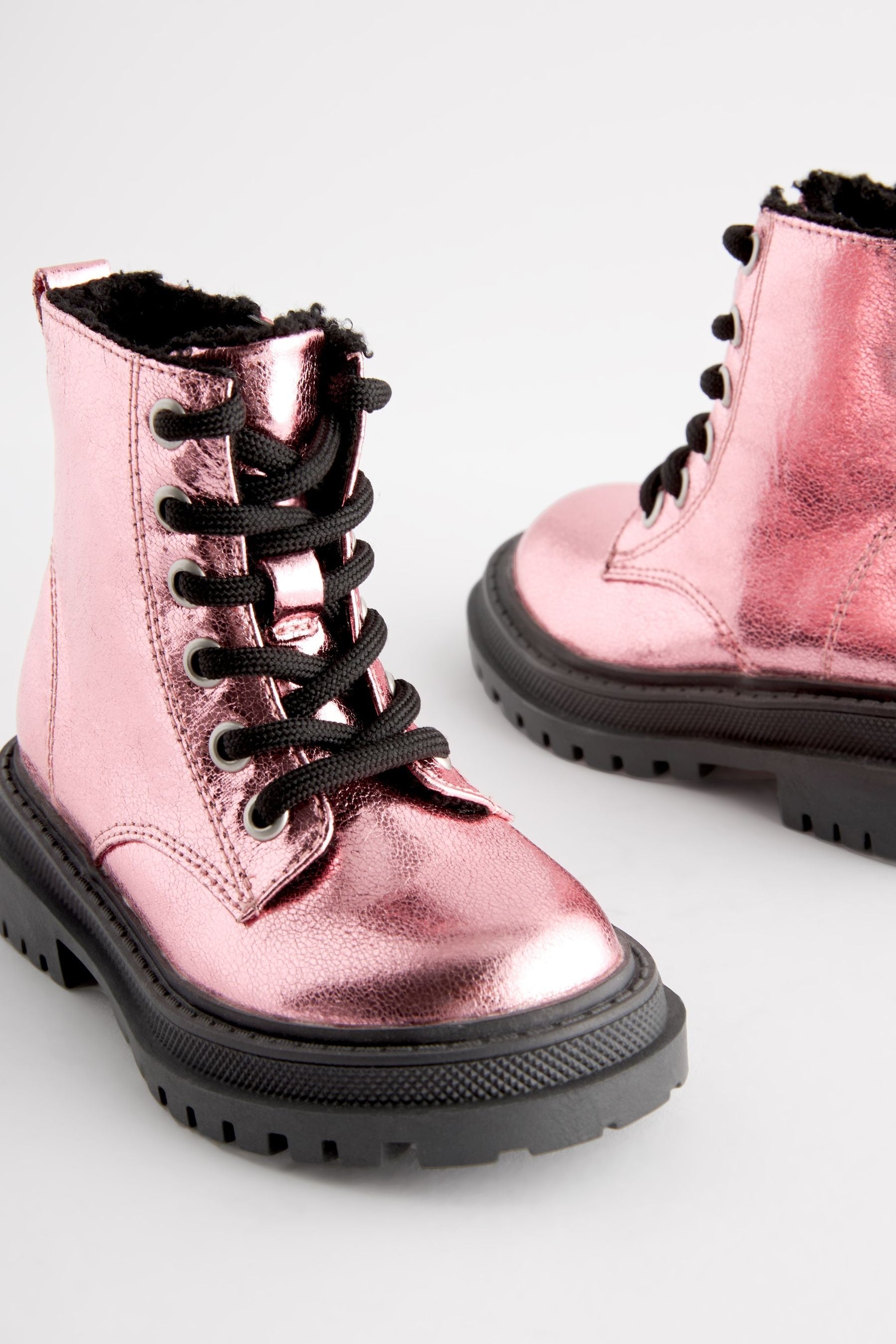 Pink Metallic Wide Fit (G) Chunky Lace-Up Boots