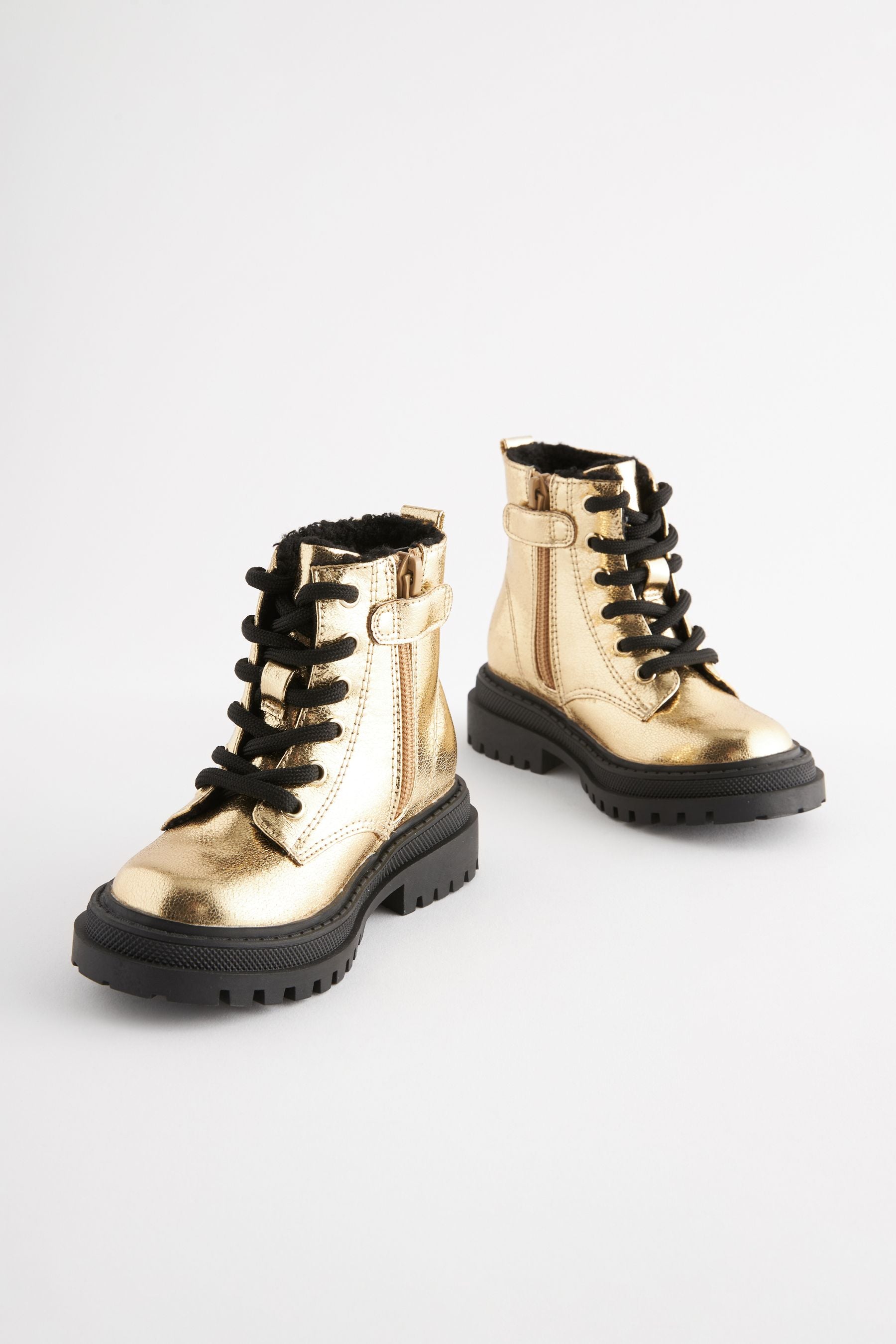 Gold Metallic Wide Fit (G) Chunky Lace-Up Boots