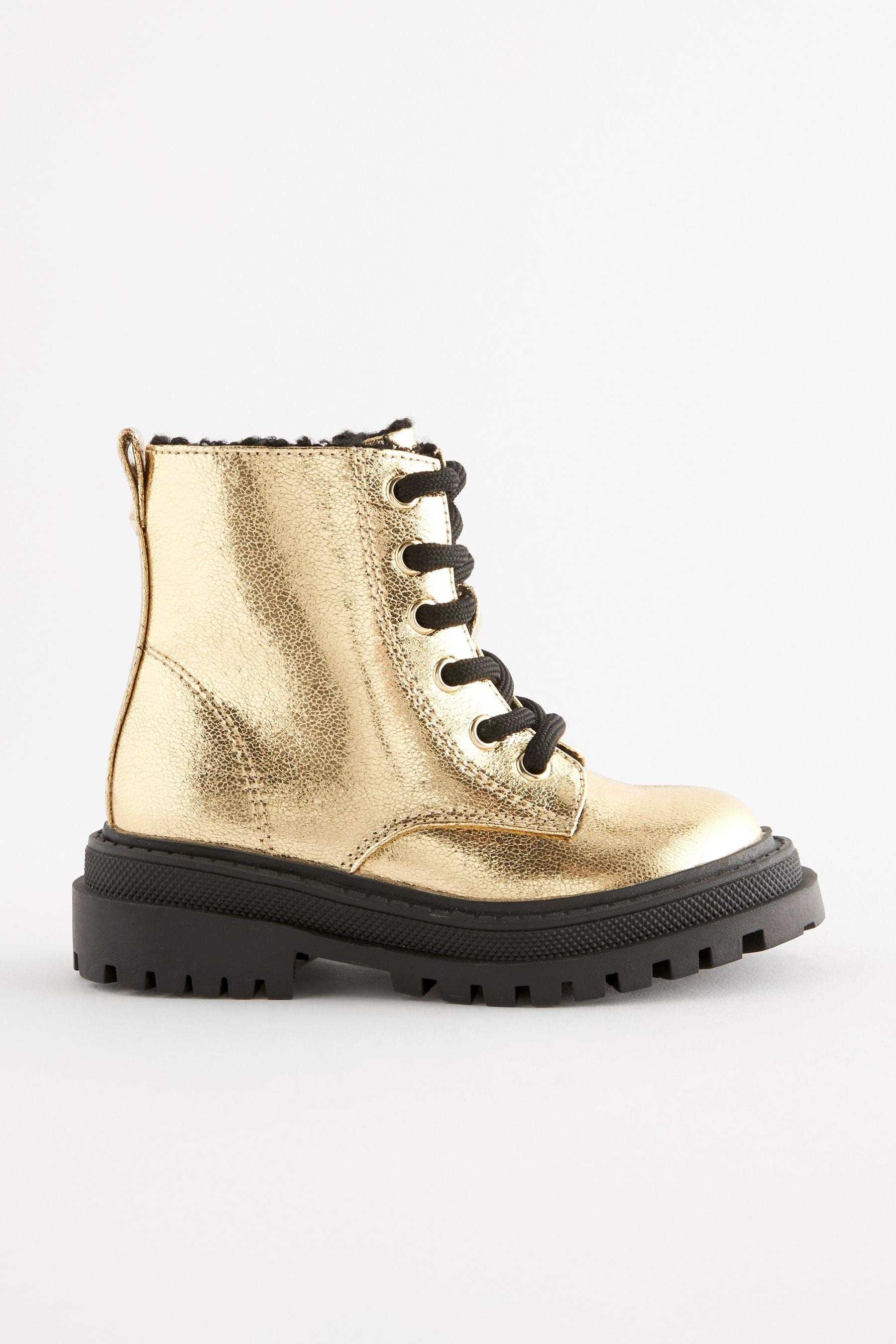 Gold Metallic Wide Fit (G) Chunky Lace-Up Boots