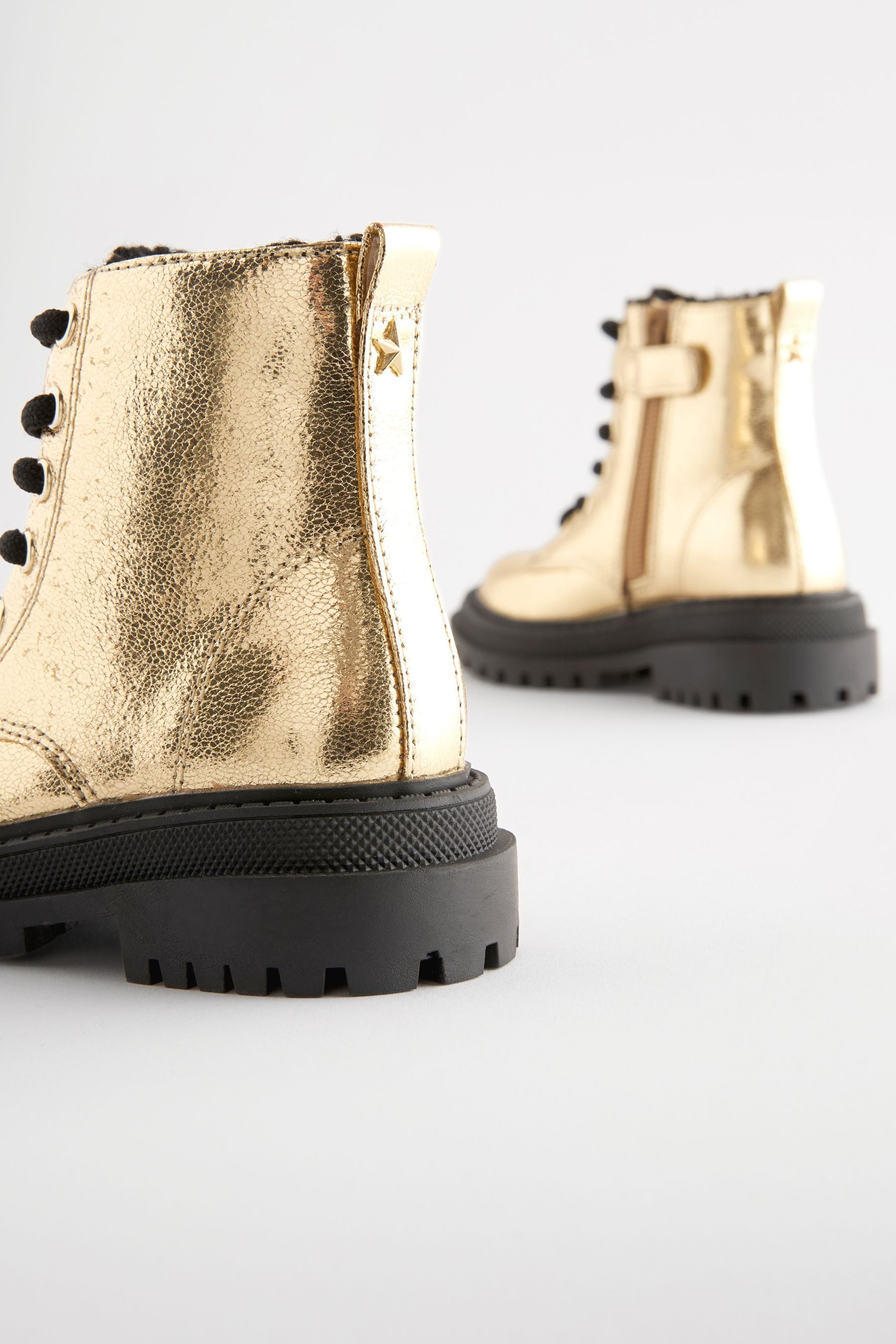 Gold Metallic Wide Fit (G) Chunky Lace-Up Boots