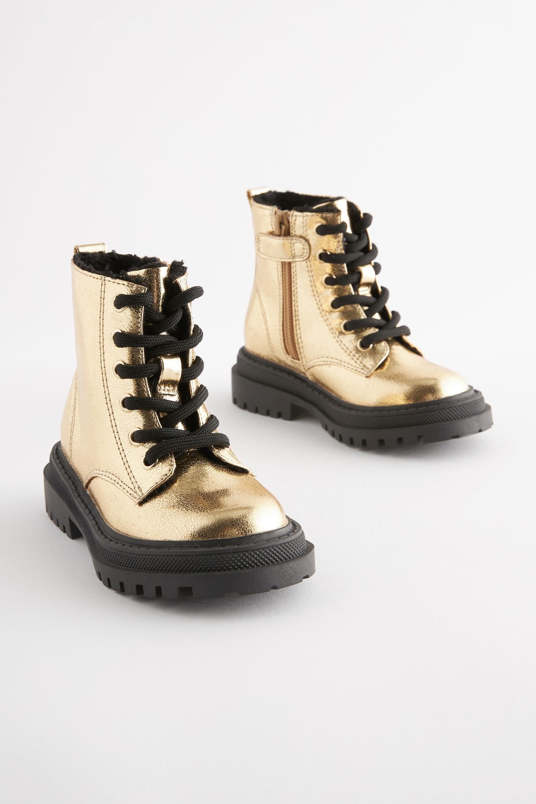 Gold Metallic Wide Fit (G) Chunky Lace-Up Boots