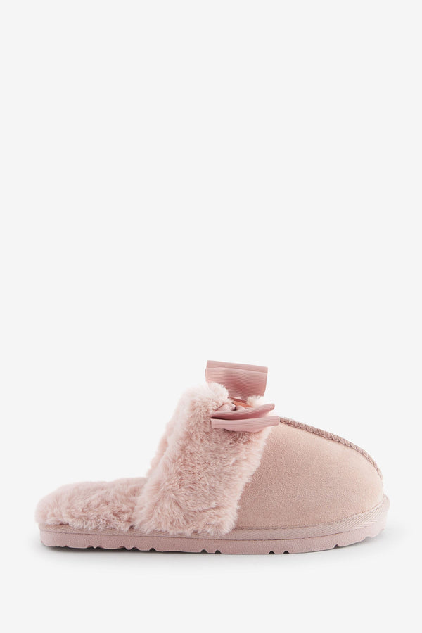 Pink Baker by Ted Baker Girls Pink Faux Fur Trim Mule Slippers with Bow