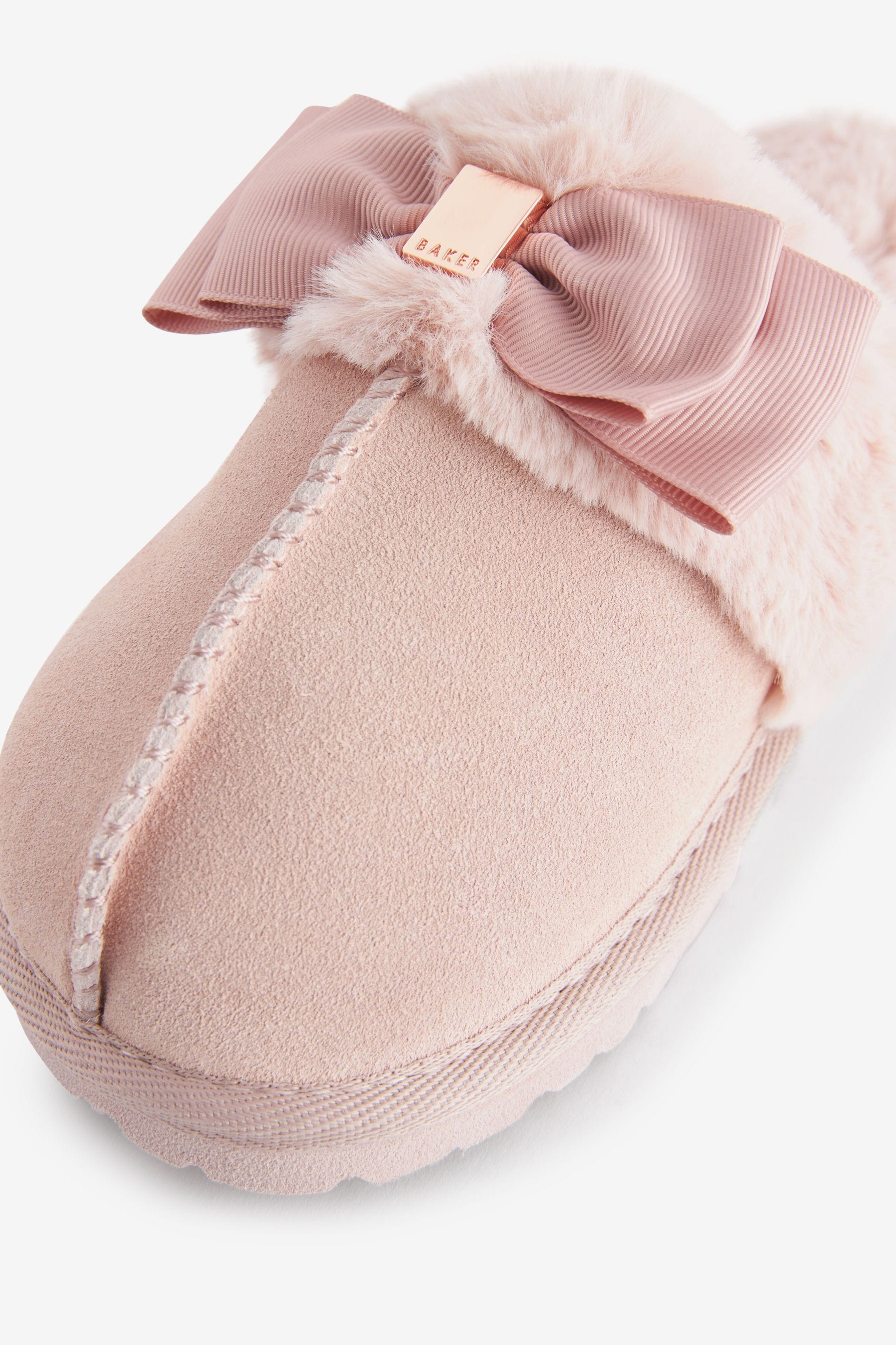 Baker by Ted Baker Girls Pink Faux Fur Trim Mule Slippers with Bow