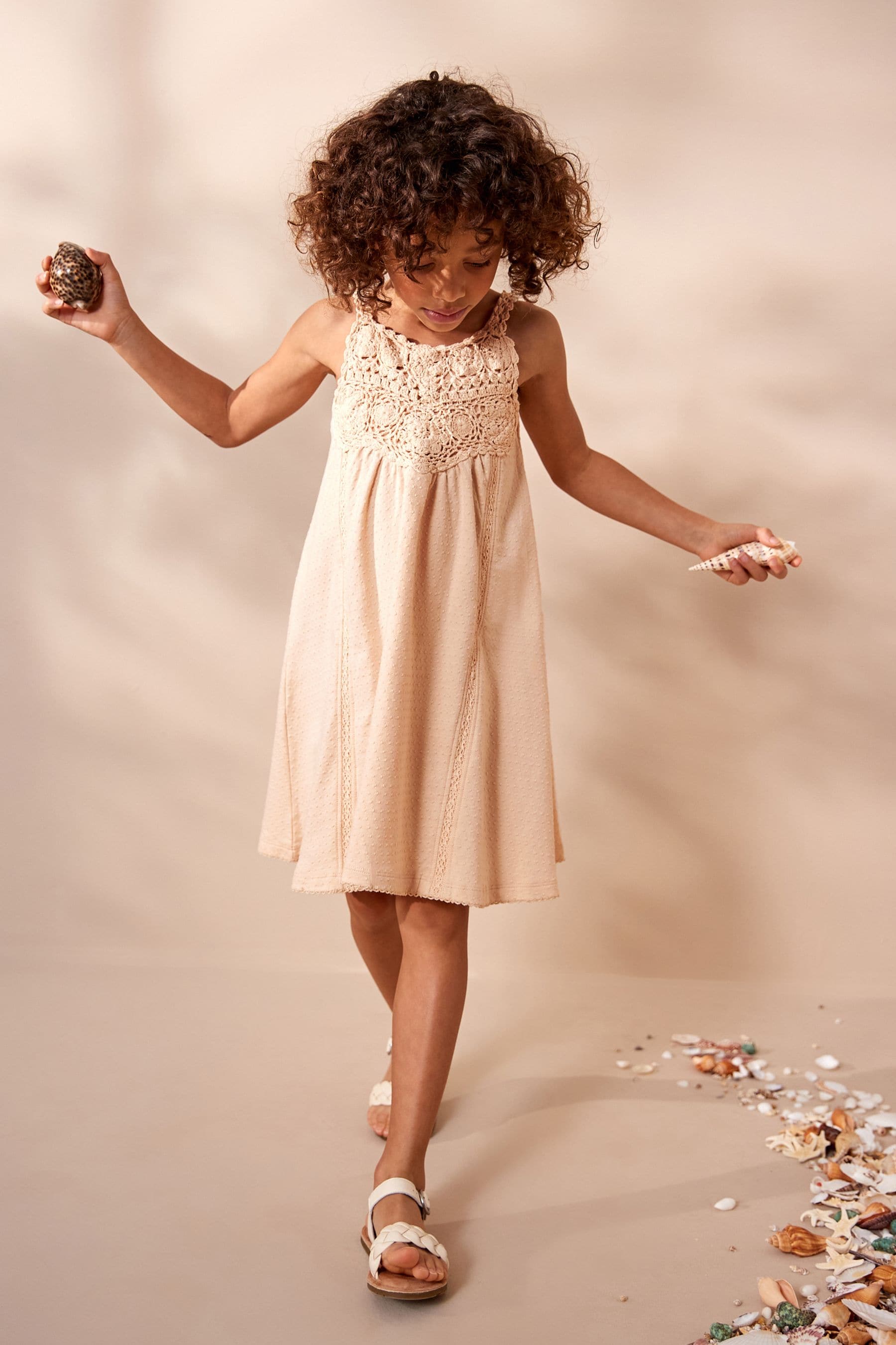 Neutral Textured Crochet Strappy Jersey Dress (3-16yrs)