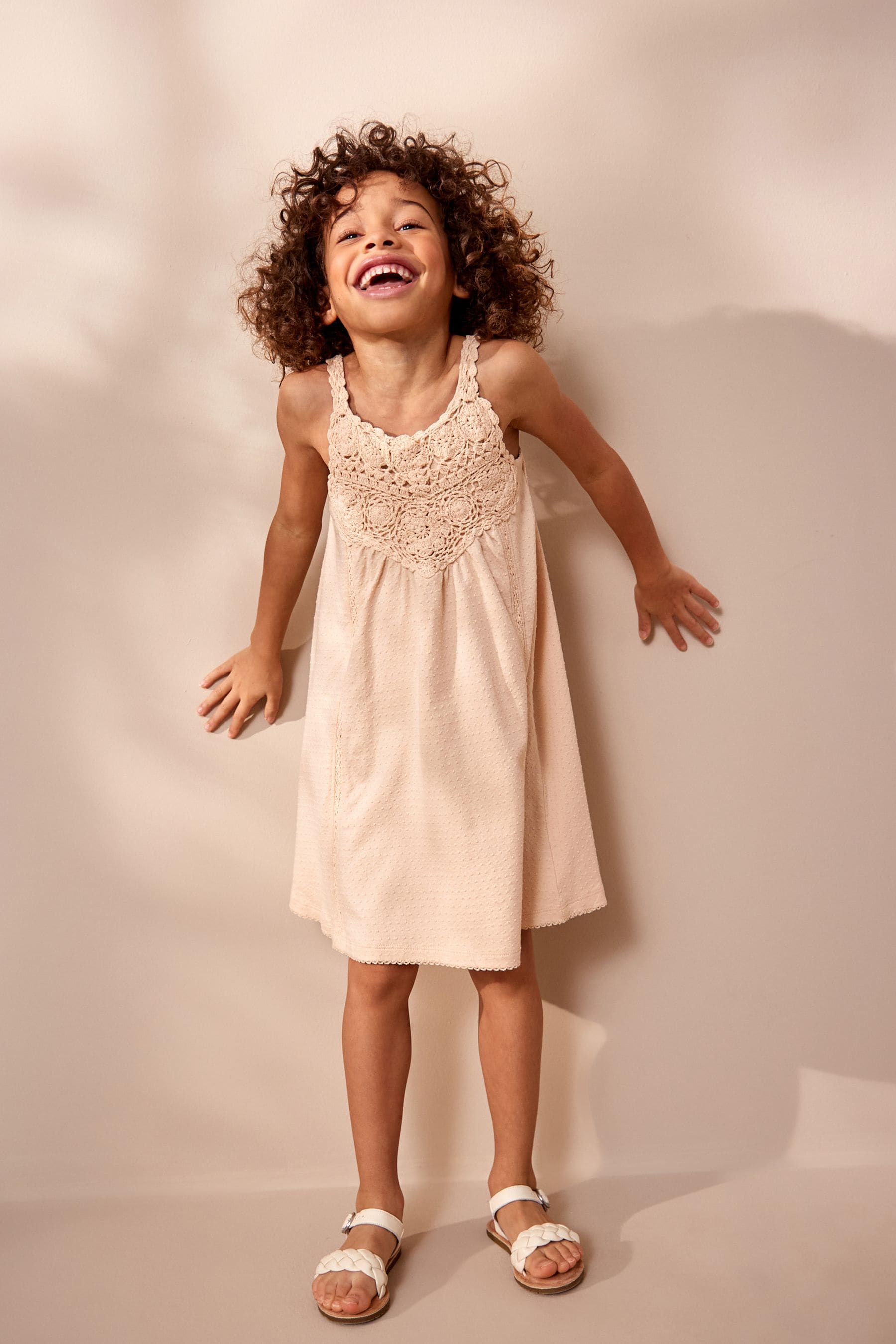 Neutral Textured Crochet Strappy Jersey Dress (3-16yrs)