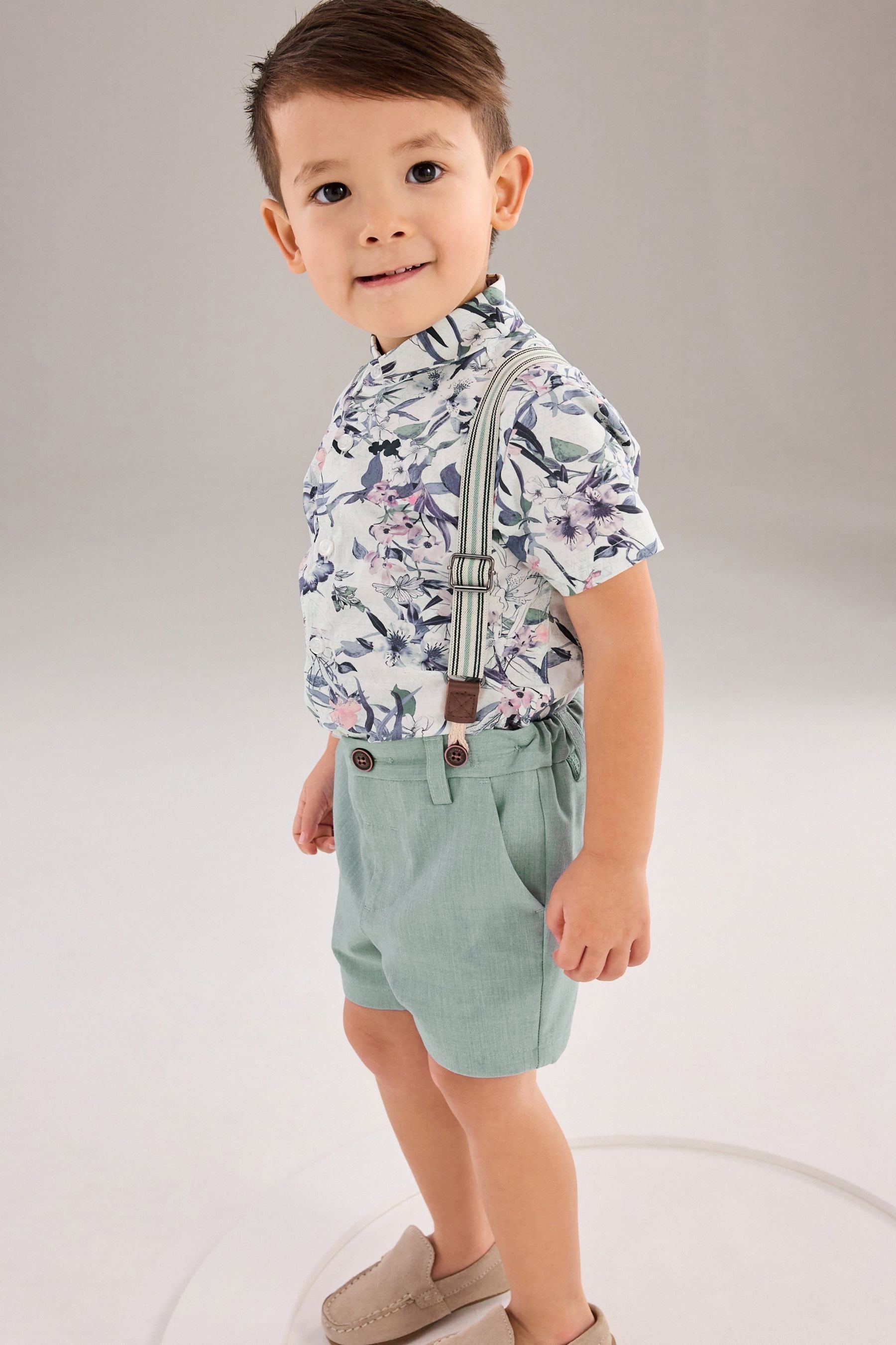 Blue Floral 100% Cotton Shirt and Short with Braces (3mths-9yrs)