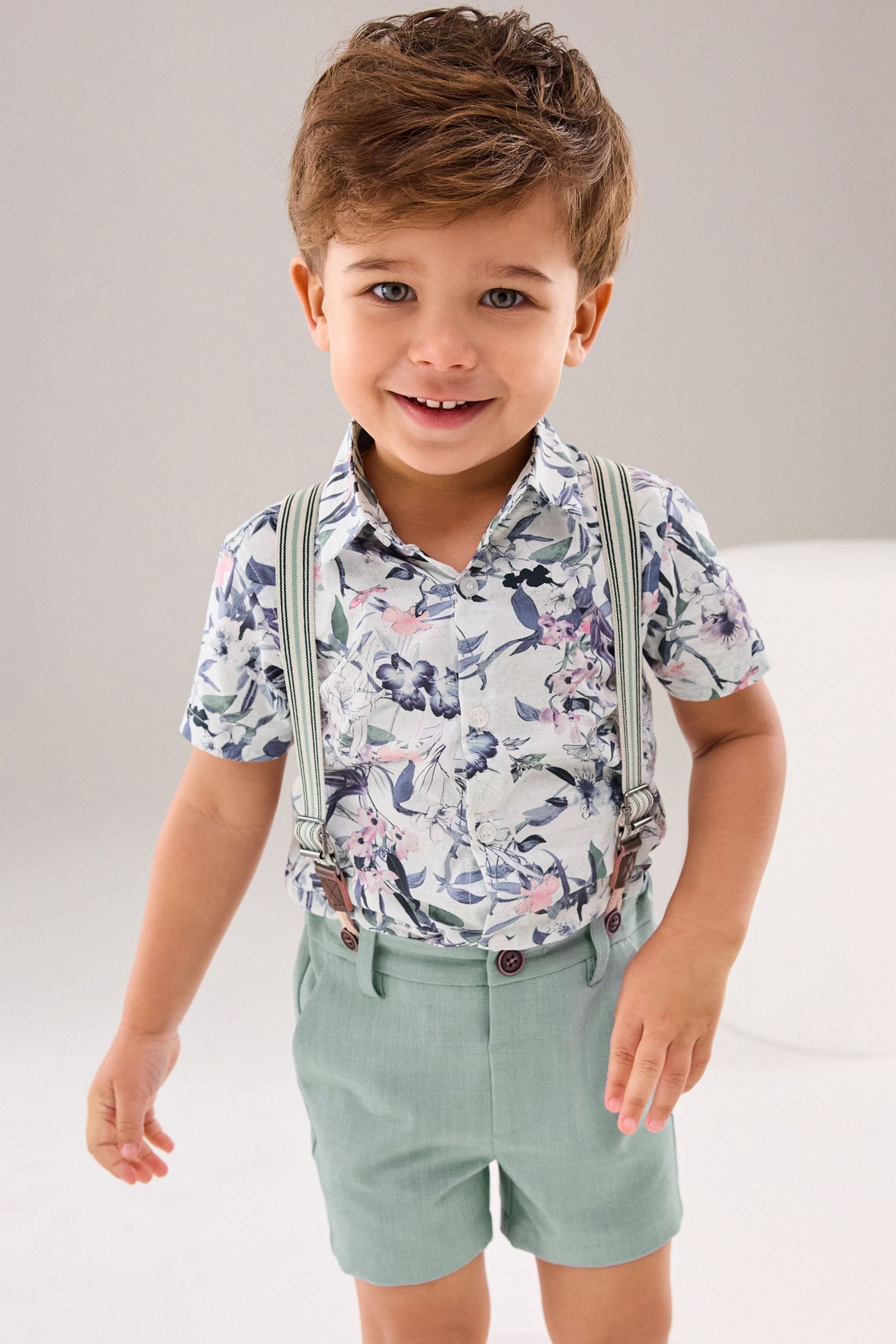 Blue Floral 100% Cotton Shirt and Short with Braces (3mths-9yrs)