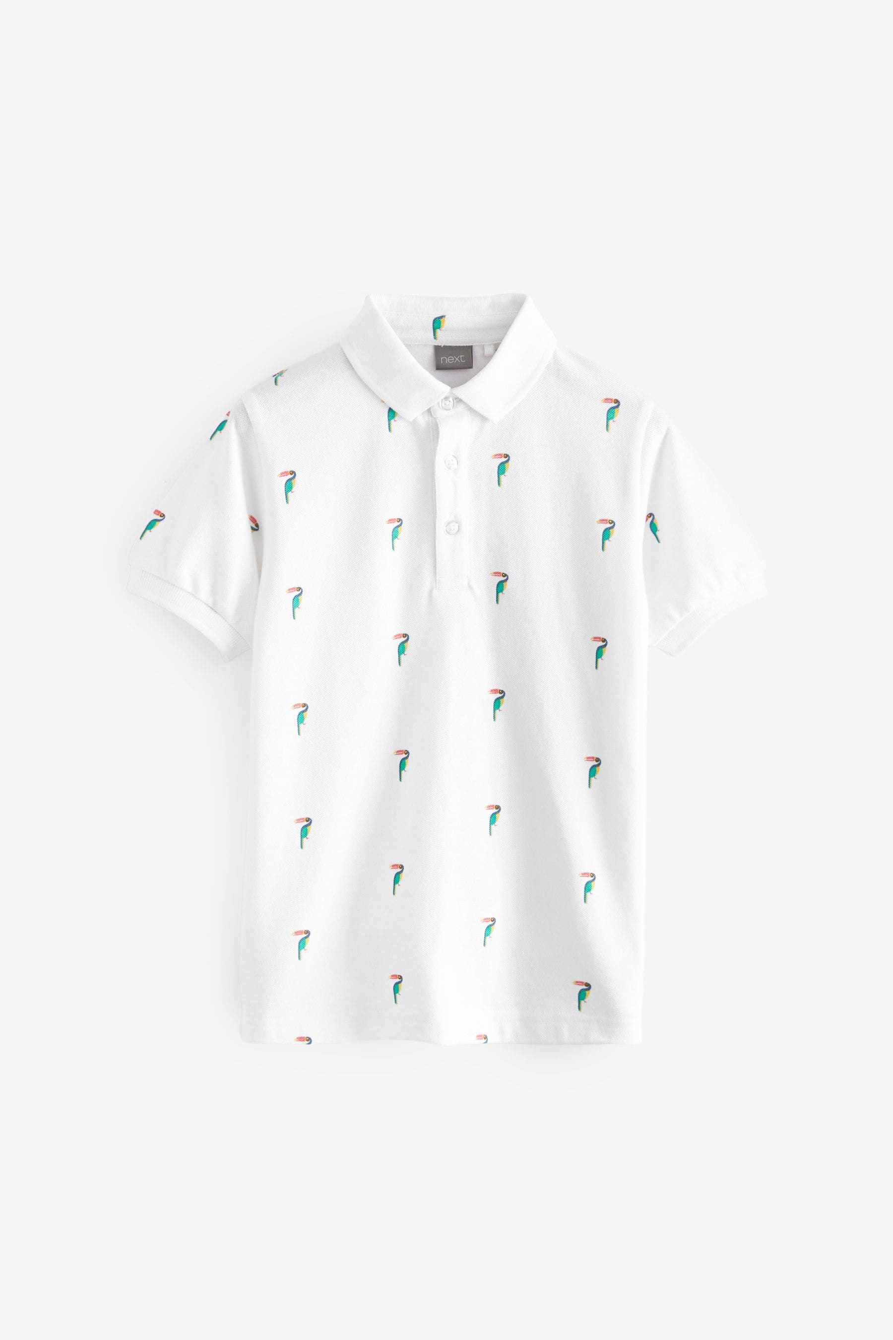 White Toucan All-Over Print Short Sleeve 100% Cotton Polo Top (3-16yrs)