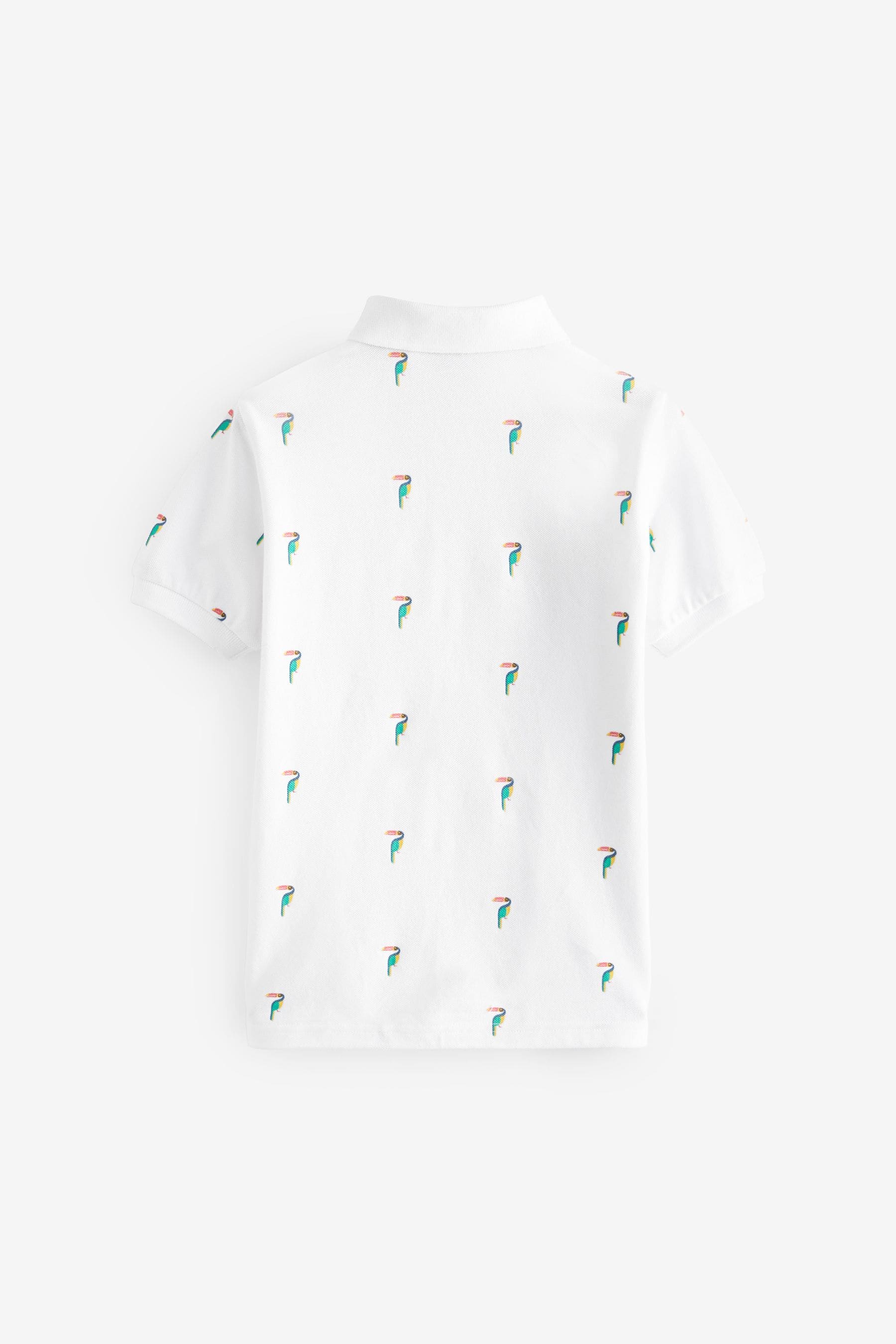 White Toucan All-Over Print Short Sleeve 100% Cotton Polo Top (3-16yrs)