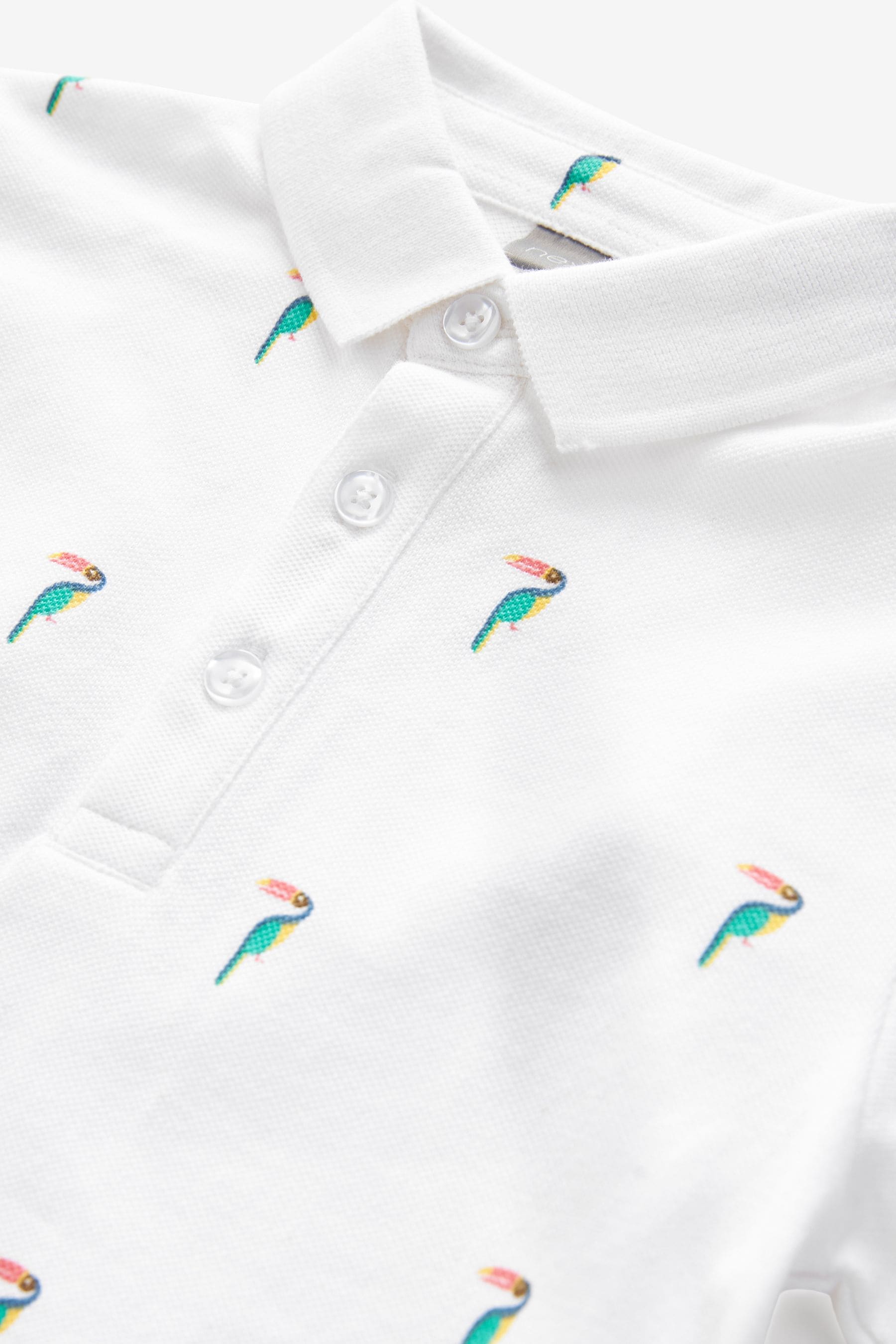 White Toucan All-Over Print Short Sleeve 100% Cotton Polo Top (3-16yrs)