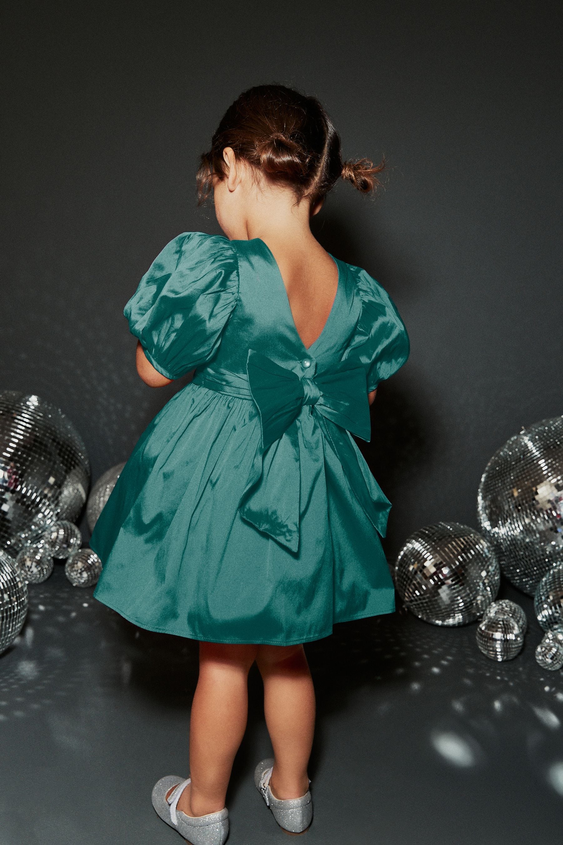 Teal Green Taffeta Flower Girl Bow Dress (3mths-10yrs)