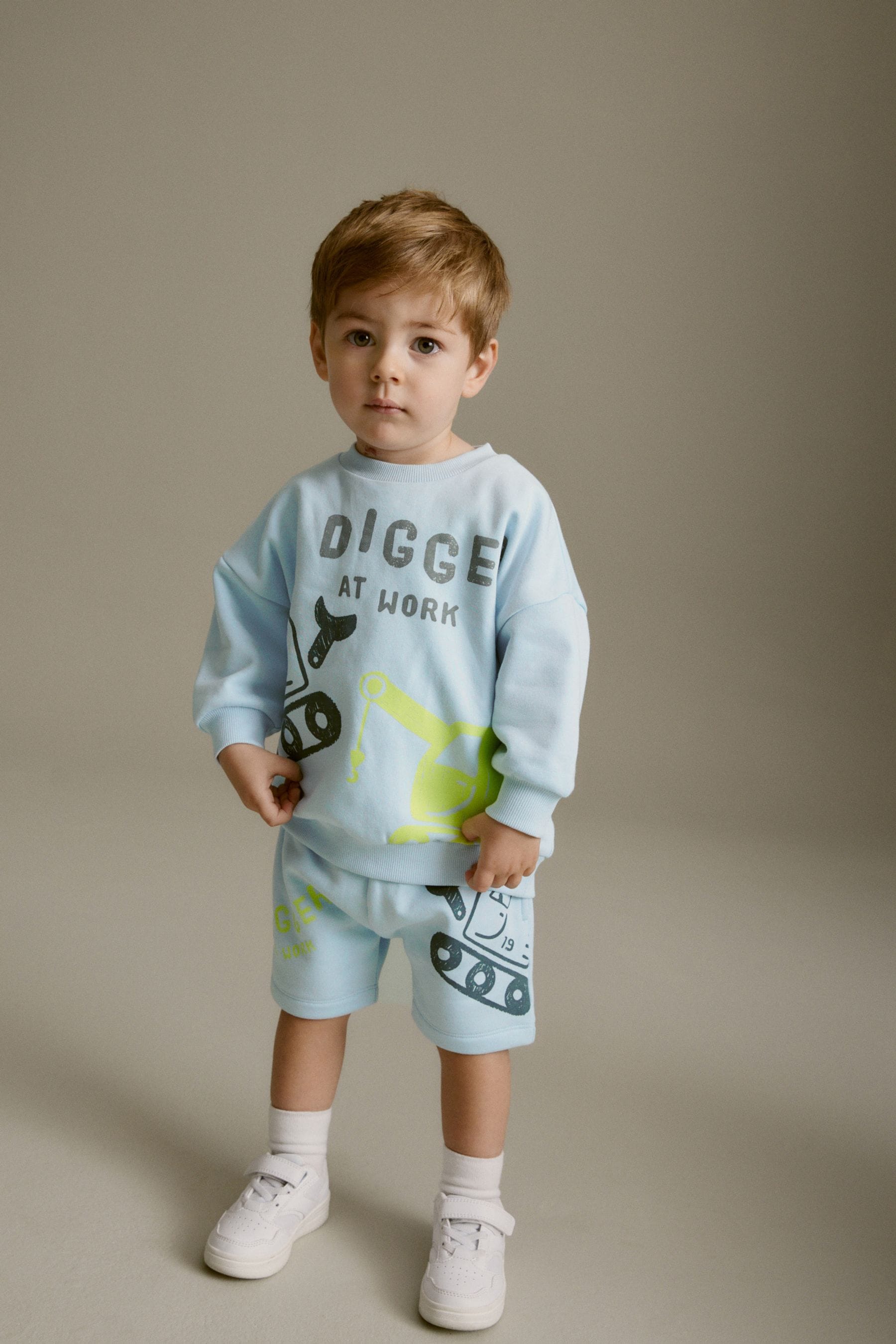 Light Blue Digger Jersey 100% Cotton Crew Neck Sweatshirt and Short Set (3mths-7yrs)