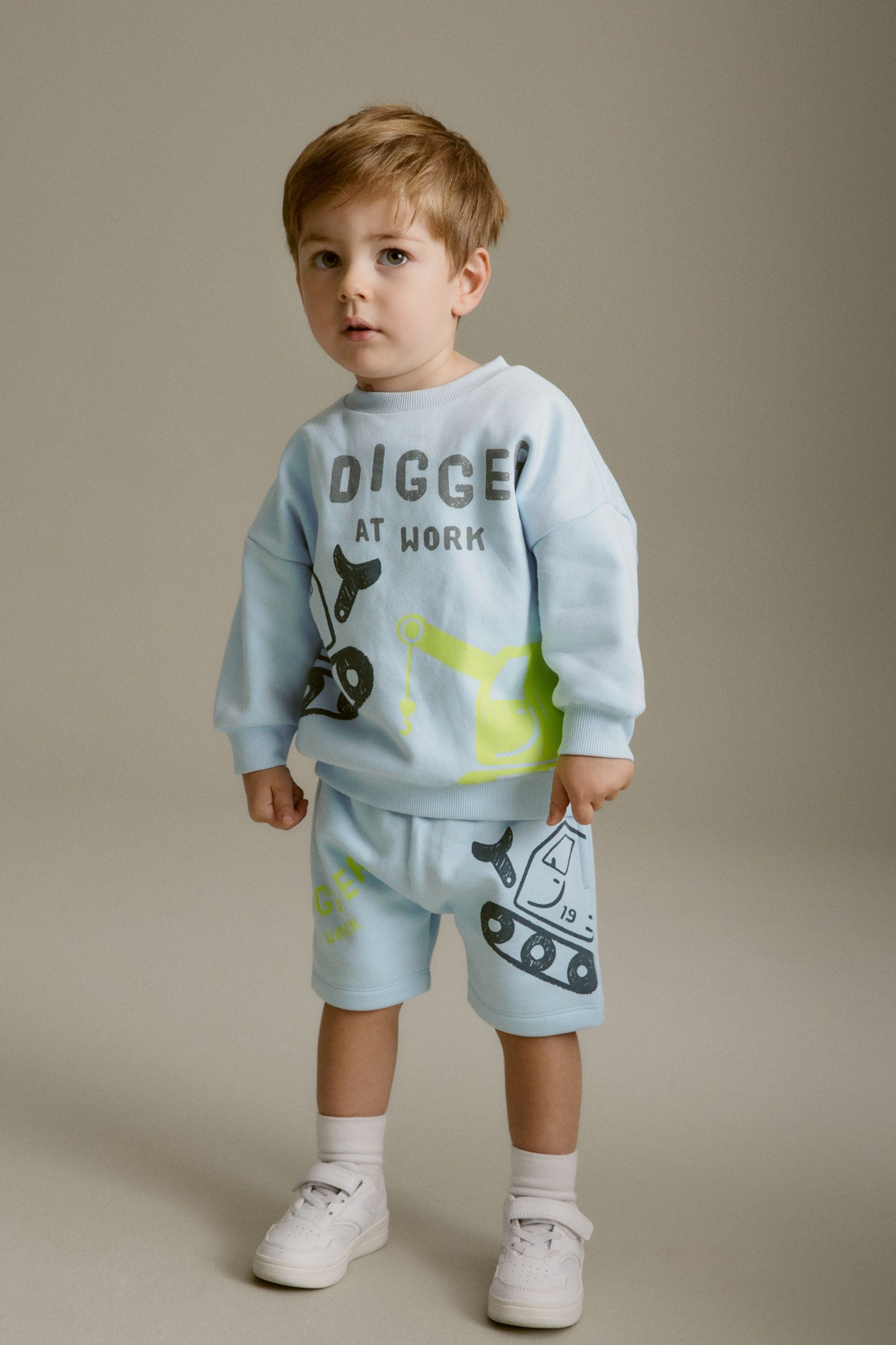 Light Blue Digger Jersey 100% Cotton Crew Neck Sweatshirt and Short Set (3mths-7yrs)