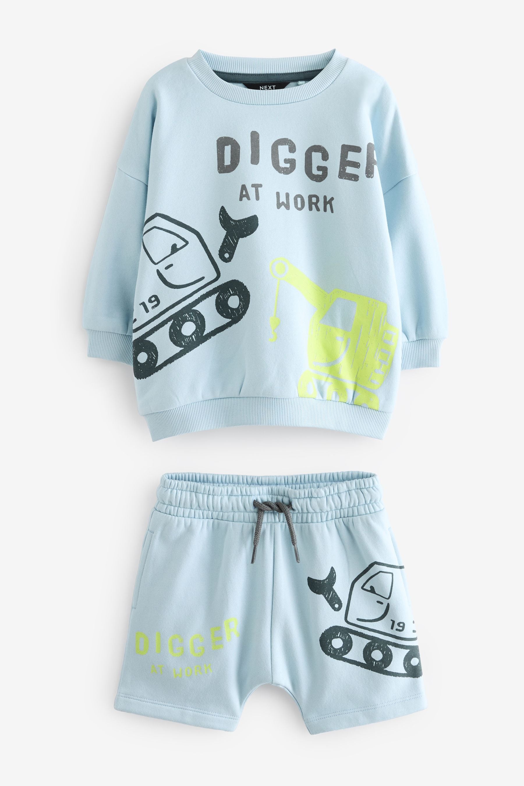 Light Blue Digger Jersey 100% Cotton Crew Neck Sweatshirt and Short Set (3mths-7yrs)