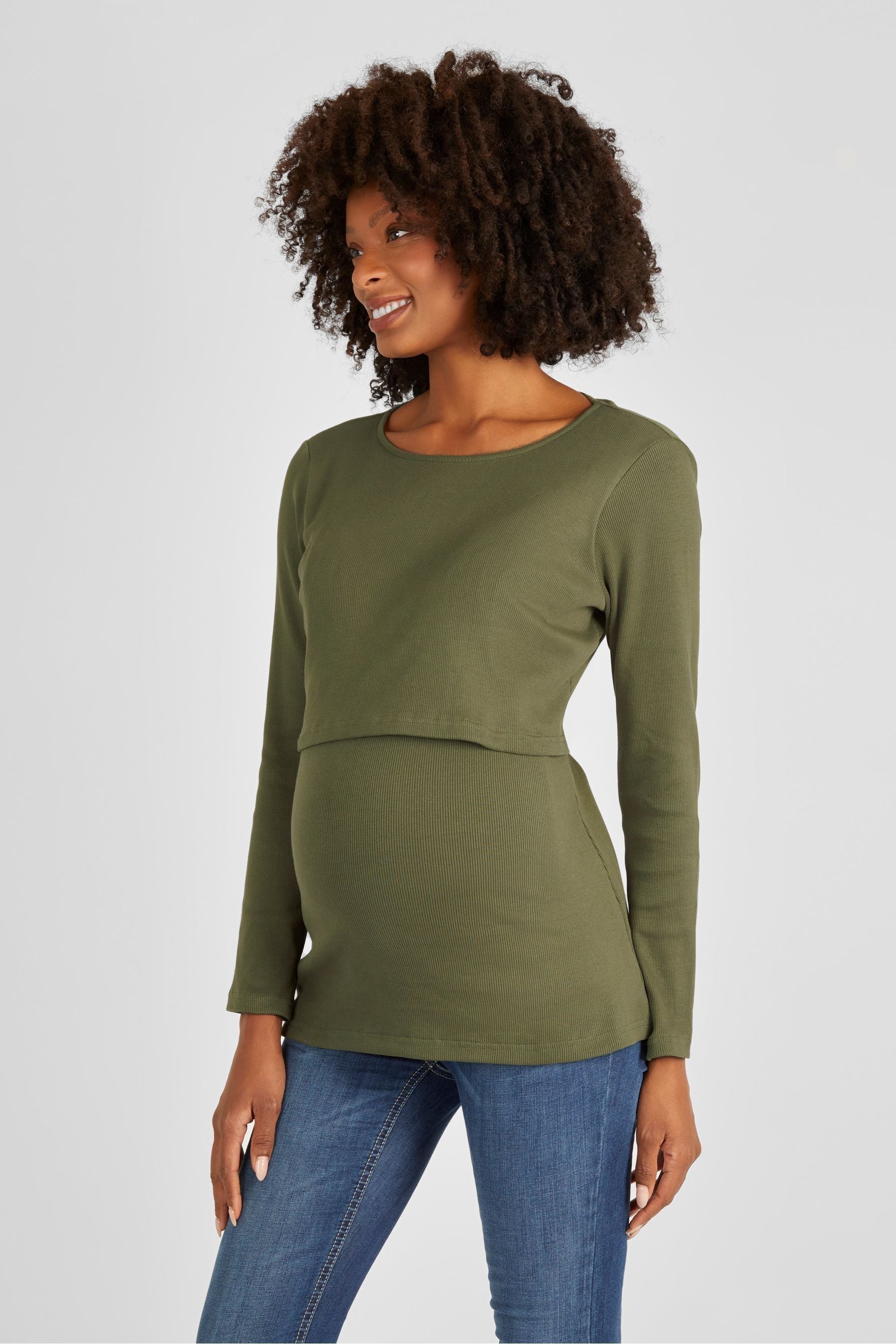 Khaki JoJo Maman Bébé Ribbed Maternity & Nursing Jersey Top