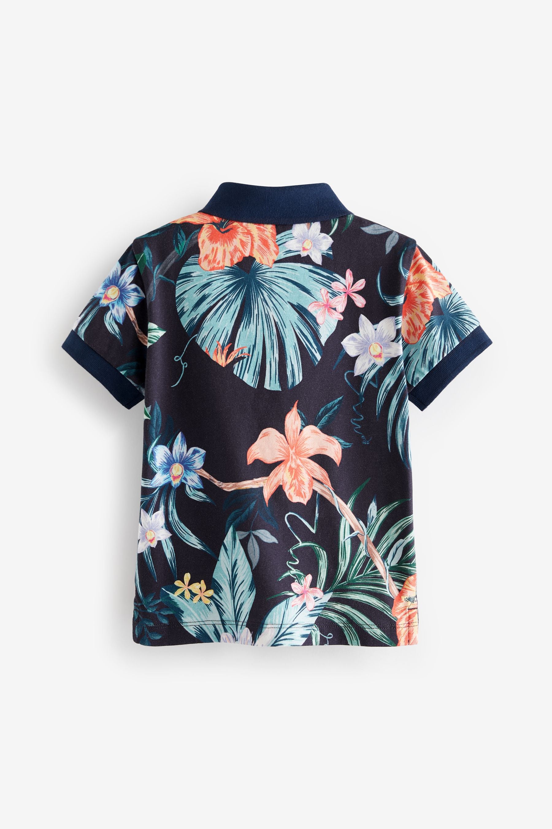 White/Blue Tropical All Over Print Short Sleeve Polo Shirt (3mths-7yrs)