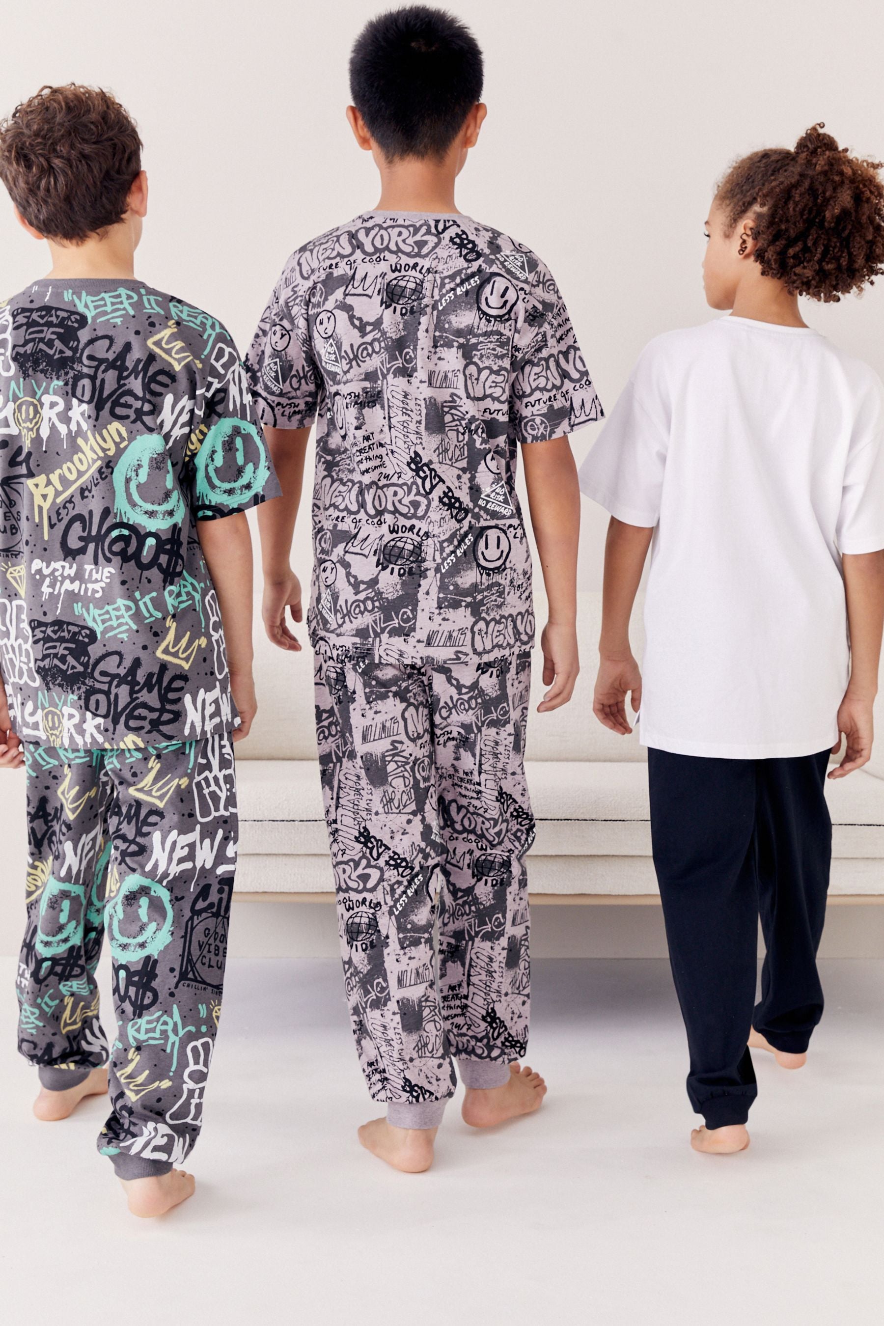 Charcoal Grey/Purple Grafitti Long Leg Short Sleeve Pyjamas 3 Pack (3-16yrs)