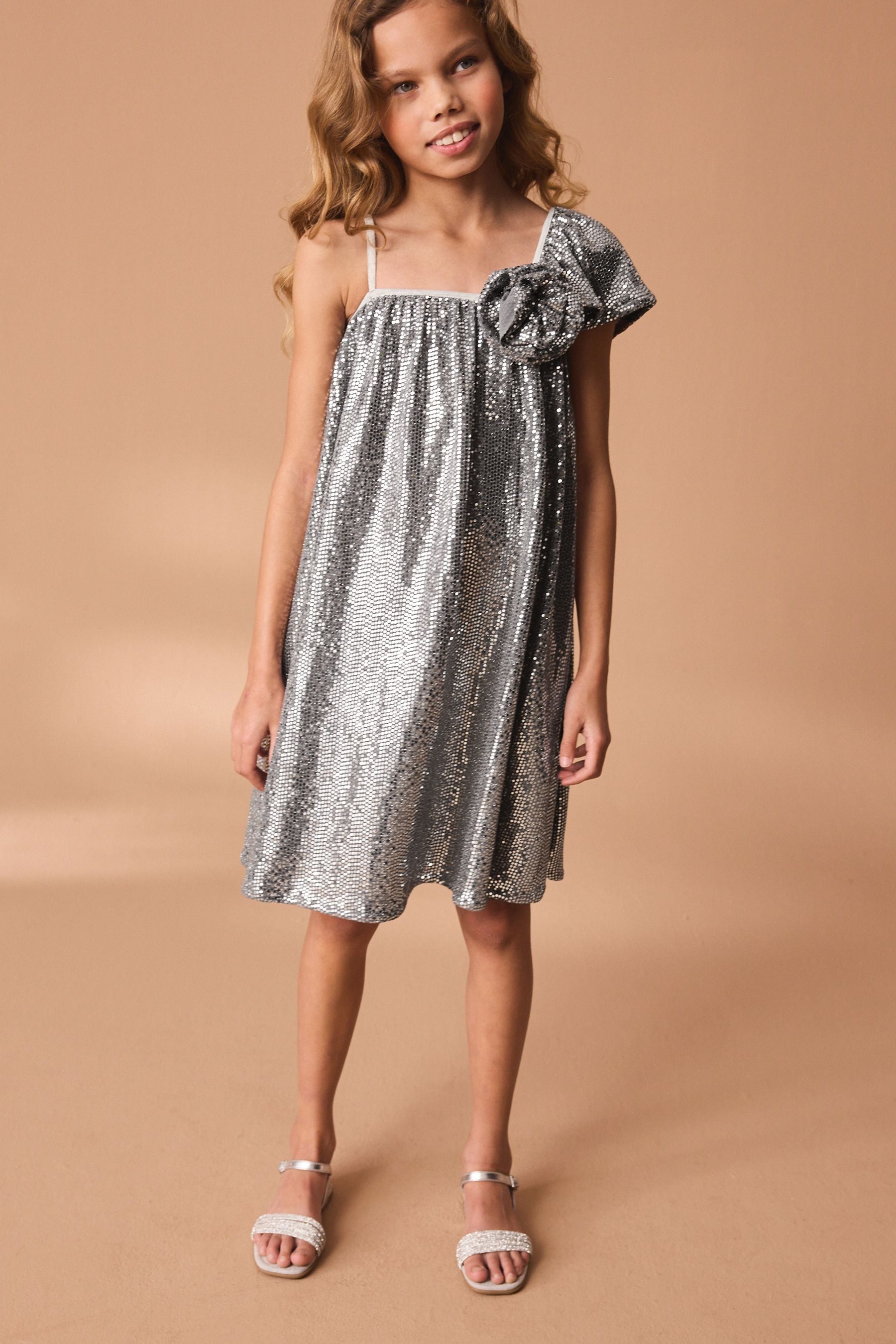 Silver Sequin One Shoulder Party Dress (3-16yrs)