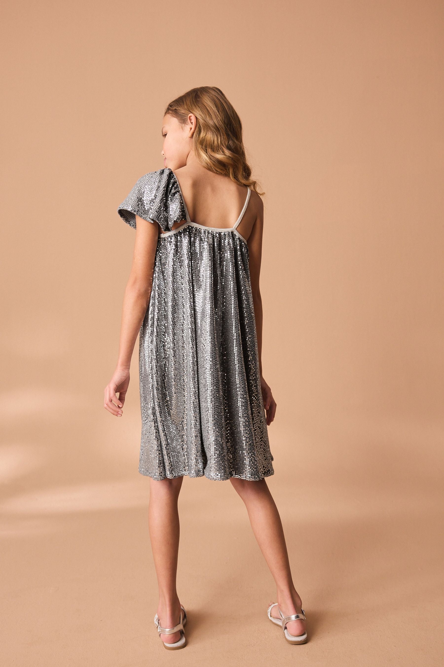 Silver Sequin One Shoulder Party Dress (3-16yrs)