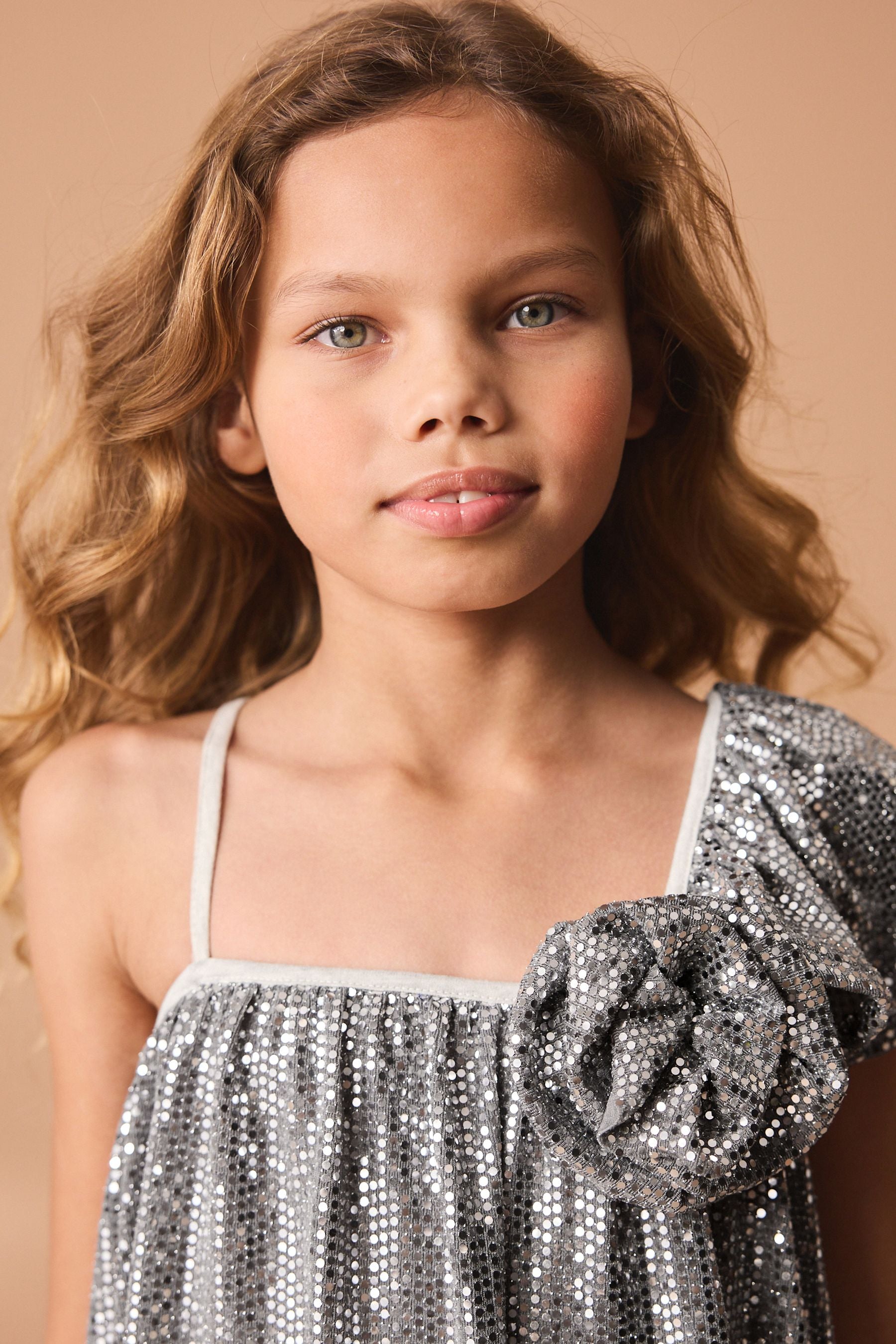 Silver Sequin One Shoulder Party Dress (3-16yrs)