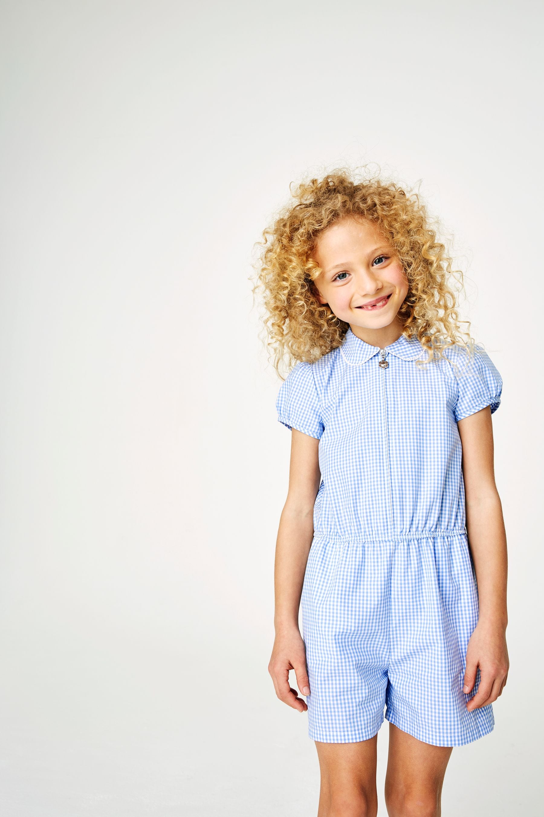 Blue Zip Front Cotton Rich Gingham School Playsuit (3-14yrs)