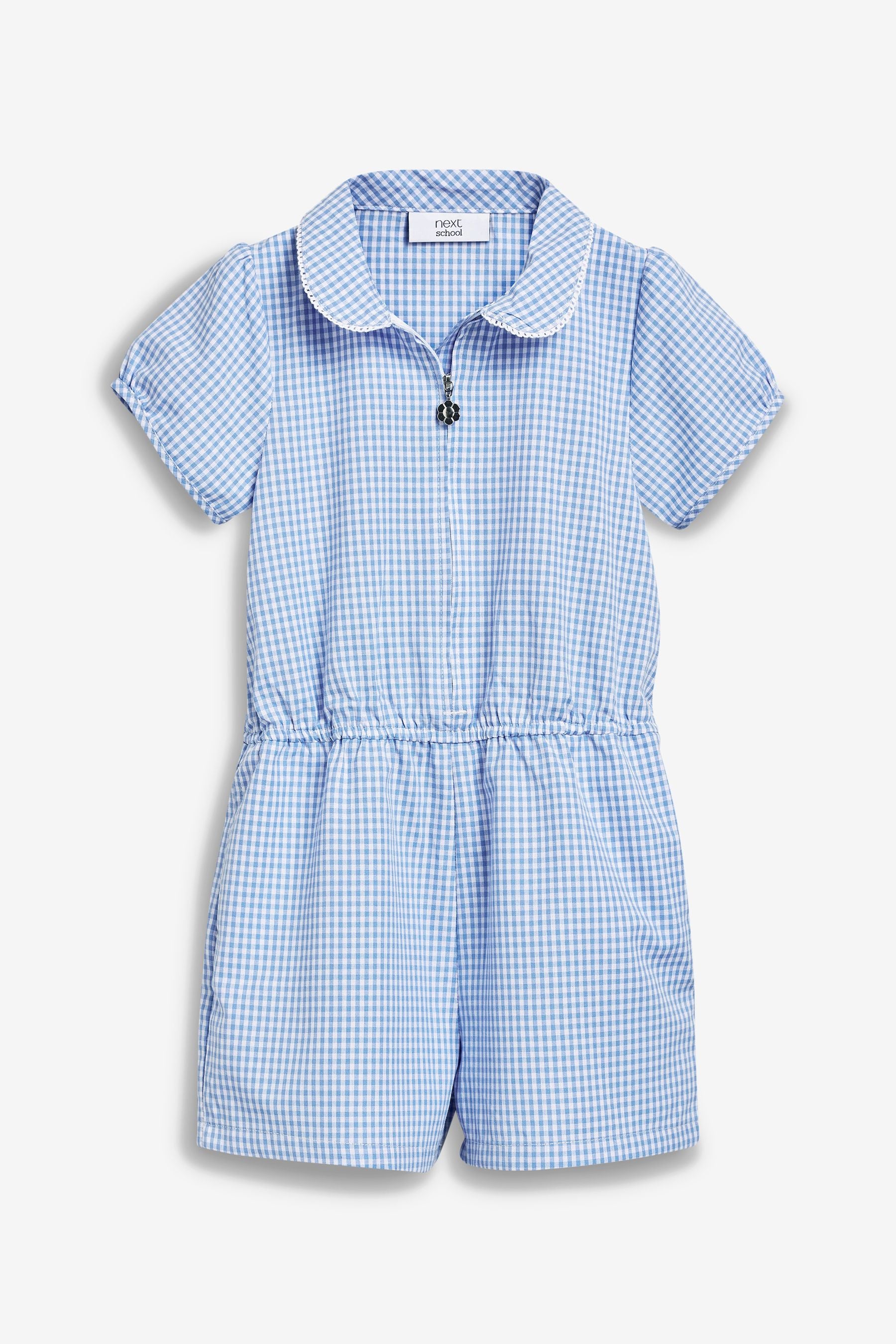 Blue Zip Front Cotton Rich Gingham School Playsuit (3-14yrs)