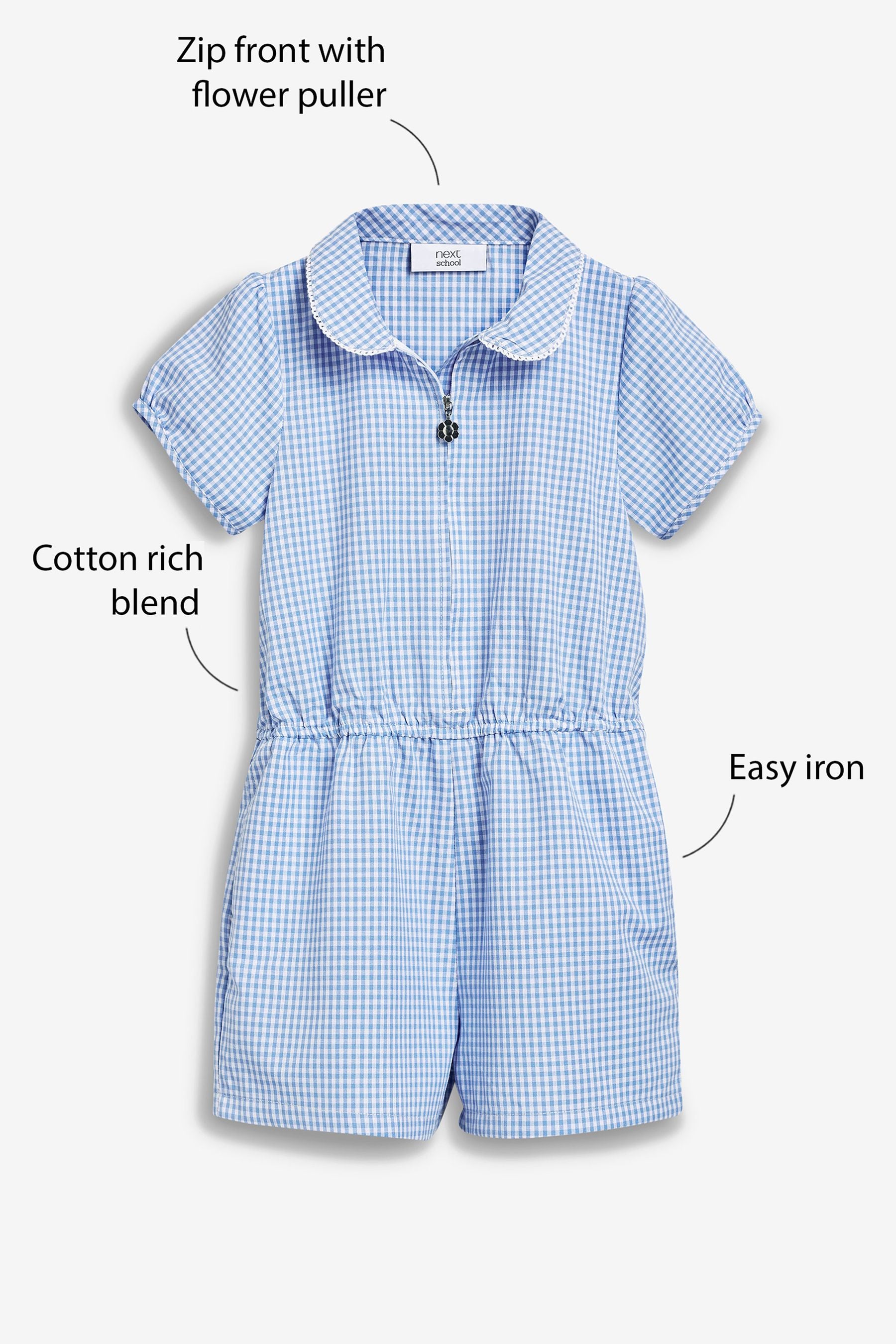 Blue Zip Front Cotton Rich Gingham School Playsuit (3-14yrs)