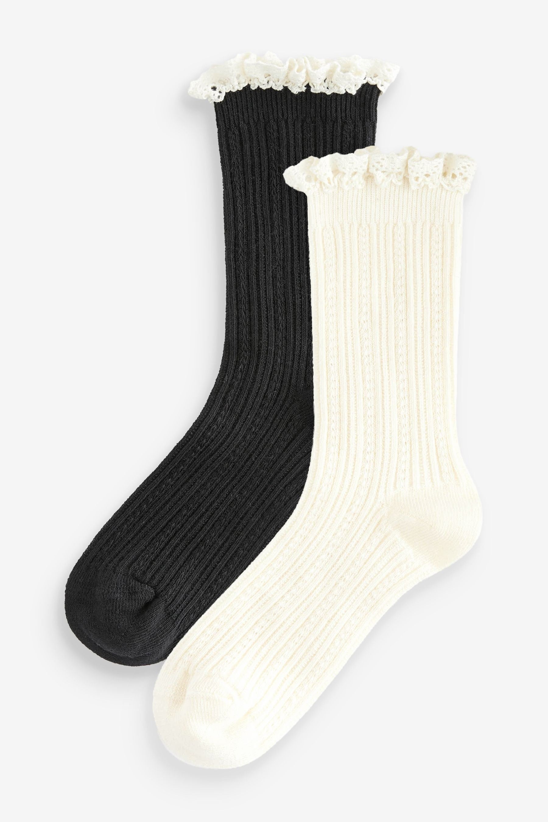 Black/Cream Cotton Rich Ruffle Textured Ankle Socks 2 Pack