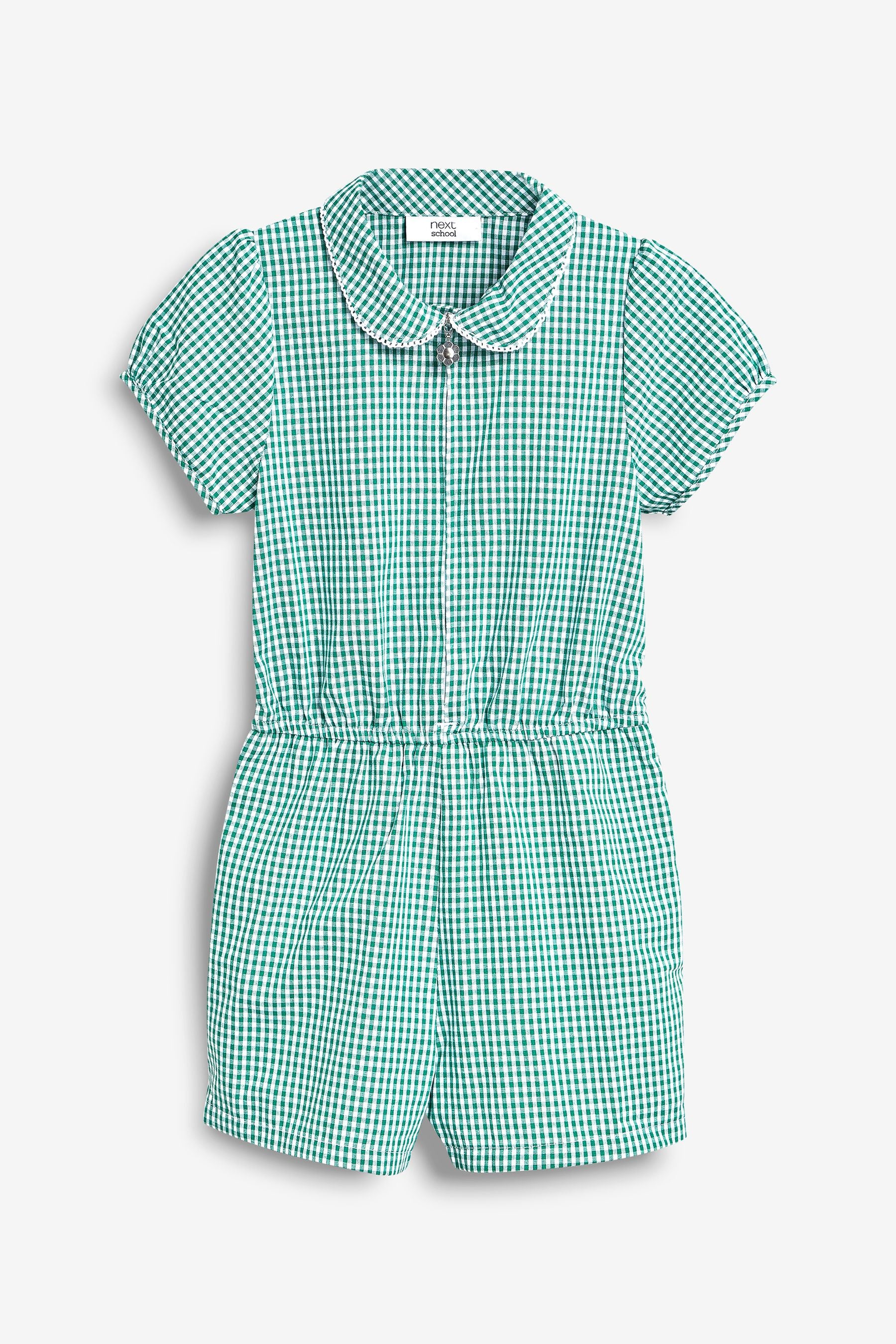 Green Zip Front Cotton Rich Gingham School Playsuit (3-14yrs)