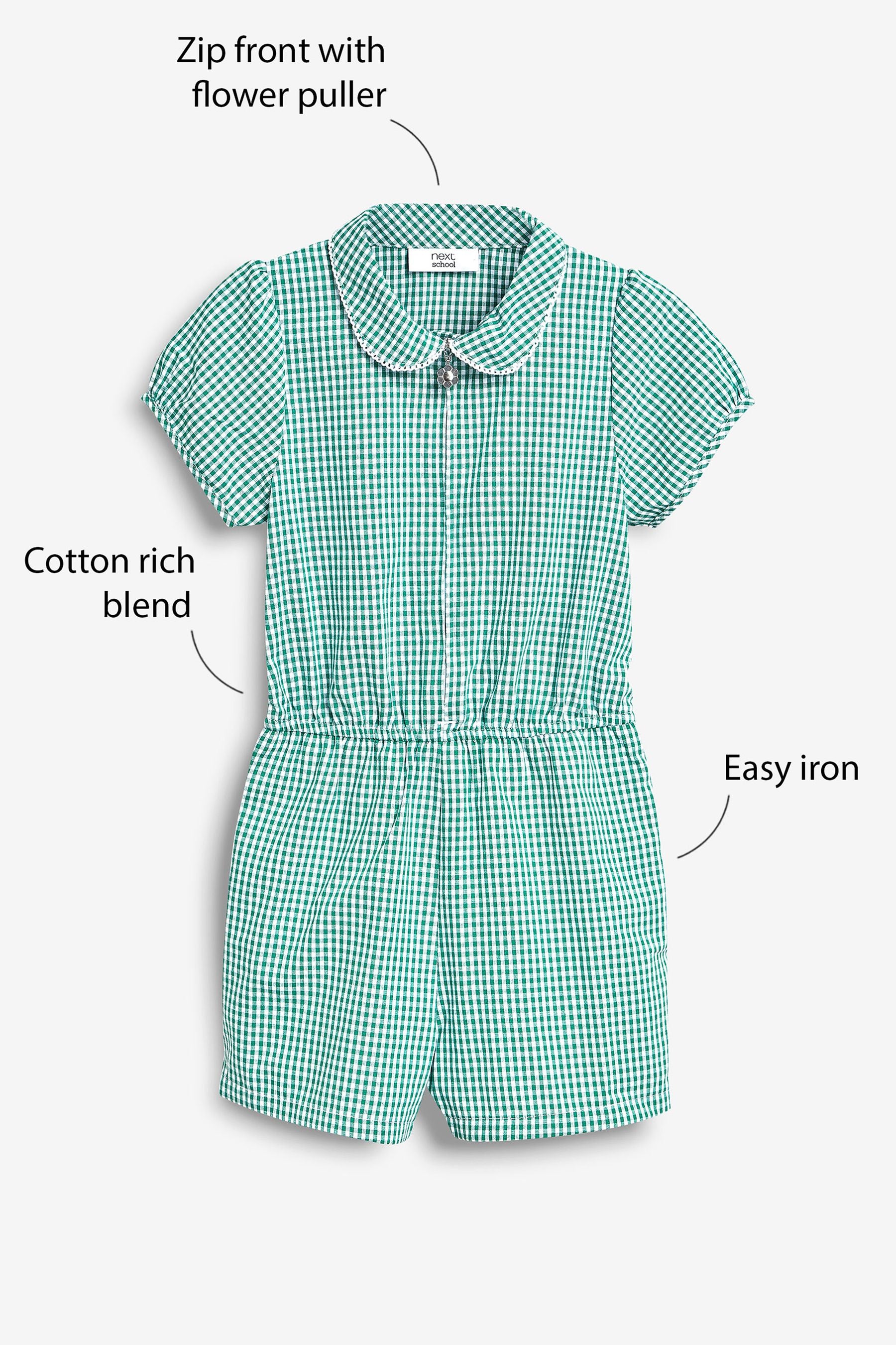 Green Zip Front Cotton Rich Gingham School Playsuit (3-14yrs)