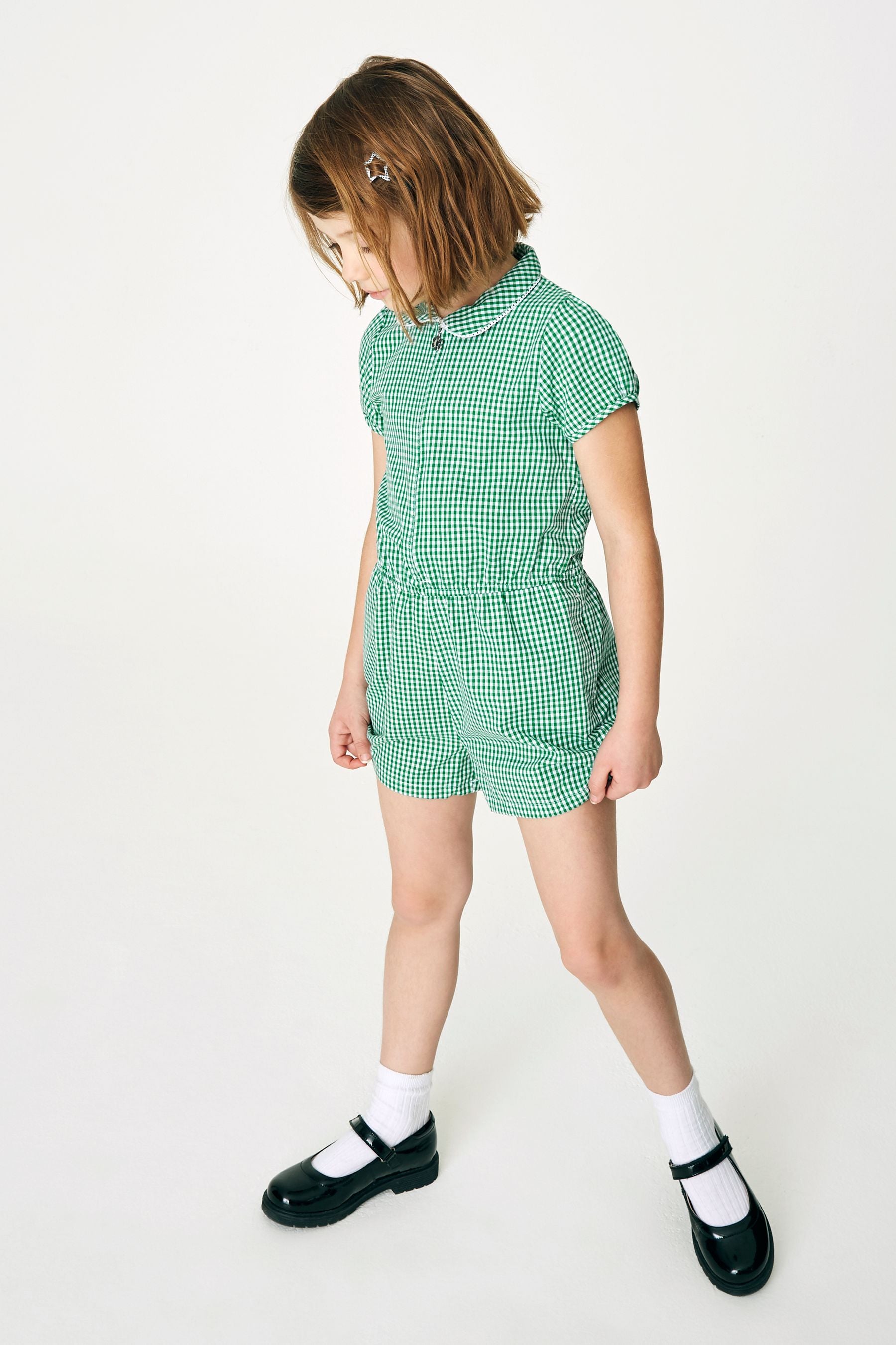 Green Zip Front Cotton Rich Gingham School Playsuit (3-14yrs)