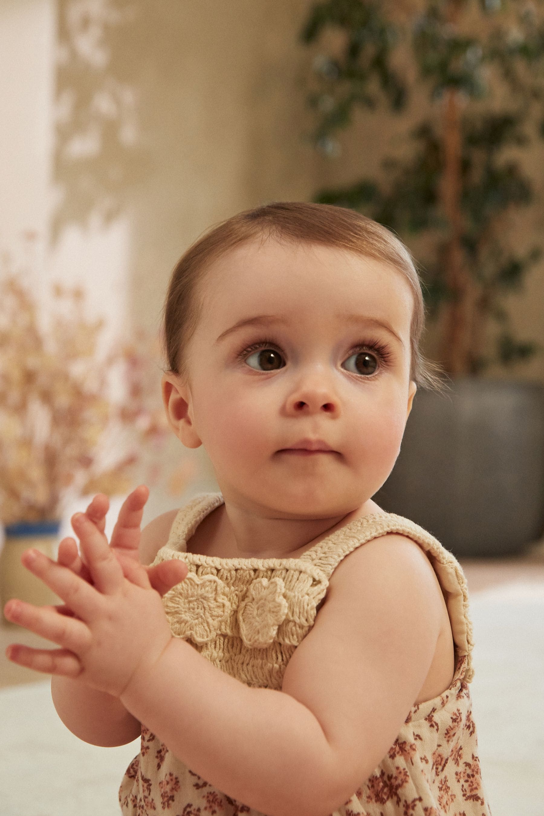 Rust Brown/ Cream Floral Baby Crochet Bloomer Romper (0mths-2yrs)