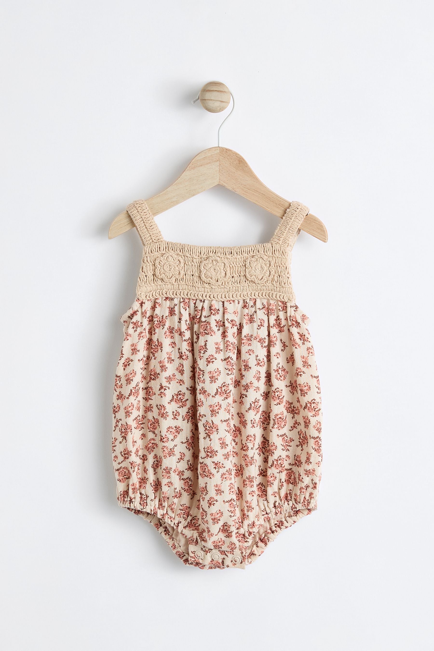 Rust Brown/ Cream Floral Baby Crochet Bloomer Romper (0mths-2yrs)