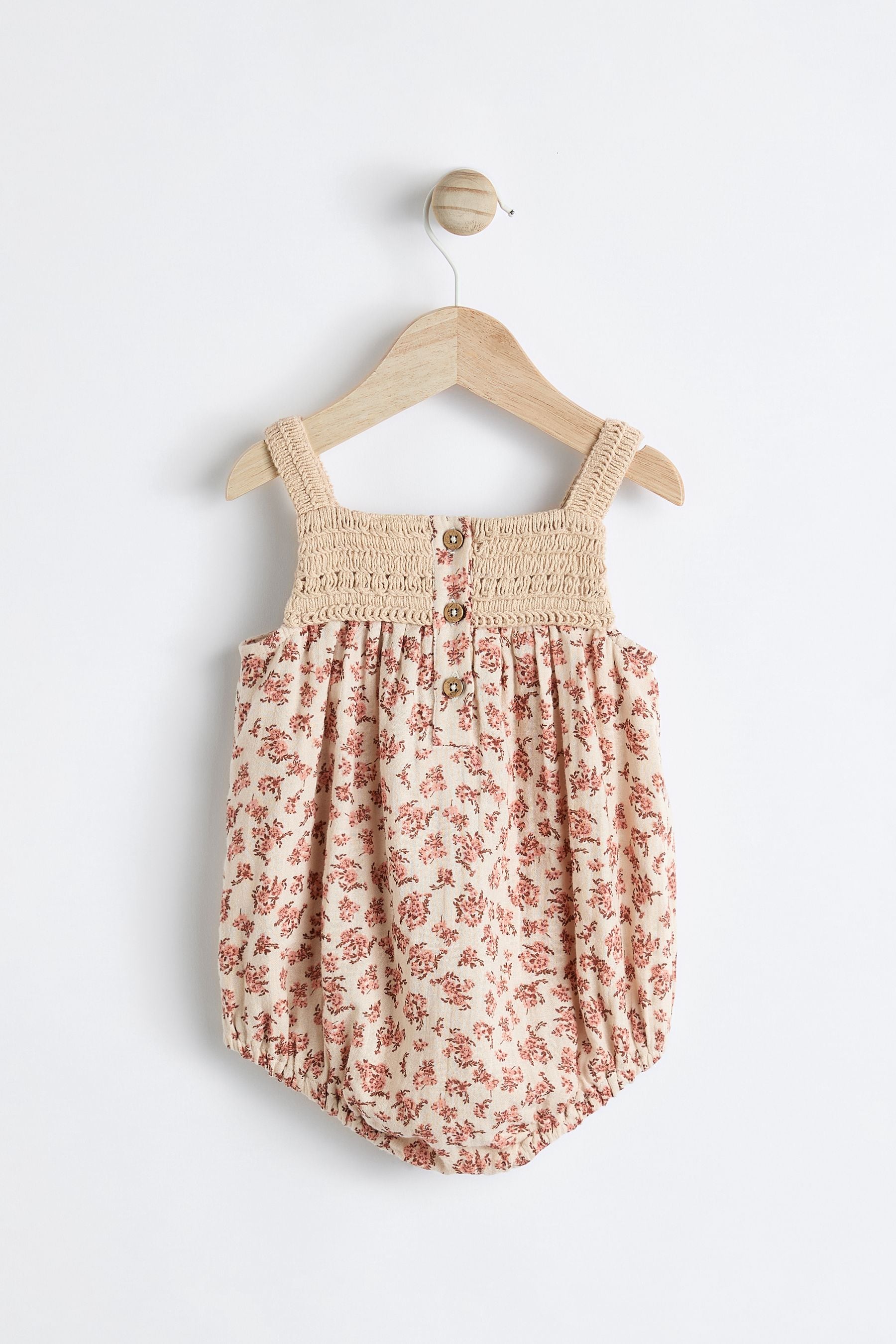 Rust Brown/ Cream Floral Baby Crochet Bloomer Romper (0mths-2yrs)