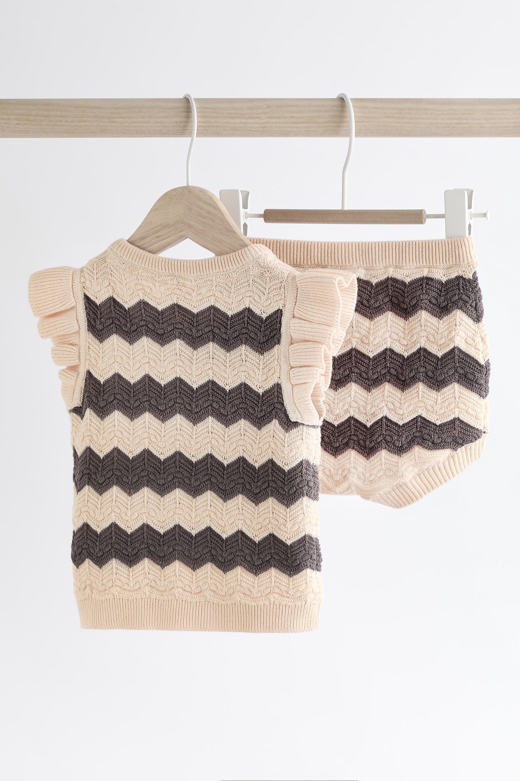 Tan/ Monochrome Zig Zag Stripe Baby Knitted Crochet Top And Shorts Set (0mths-2yrs)