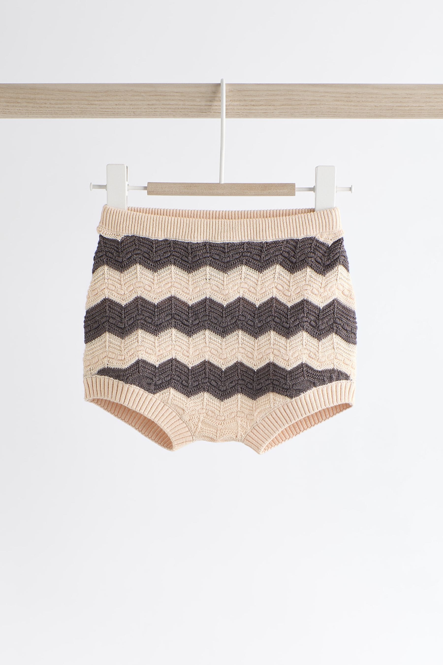 Tan/ Monochrome Zig Zag Stripe Baby Knitted Crochet Top And Shorts Set (0mths-2yrs)