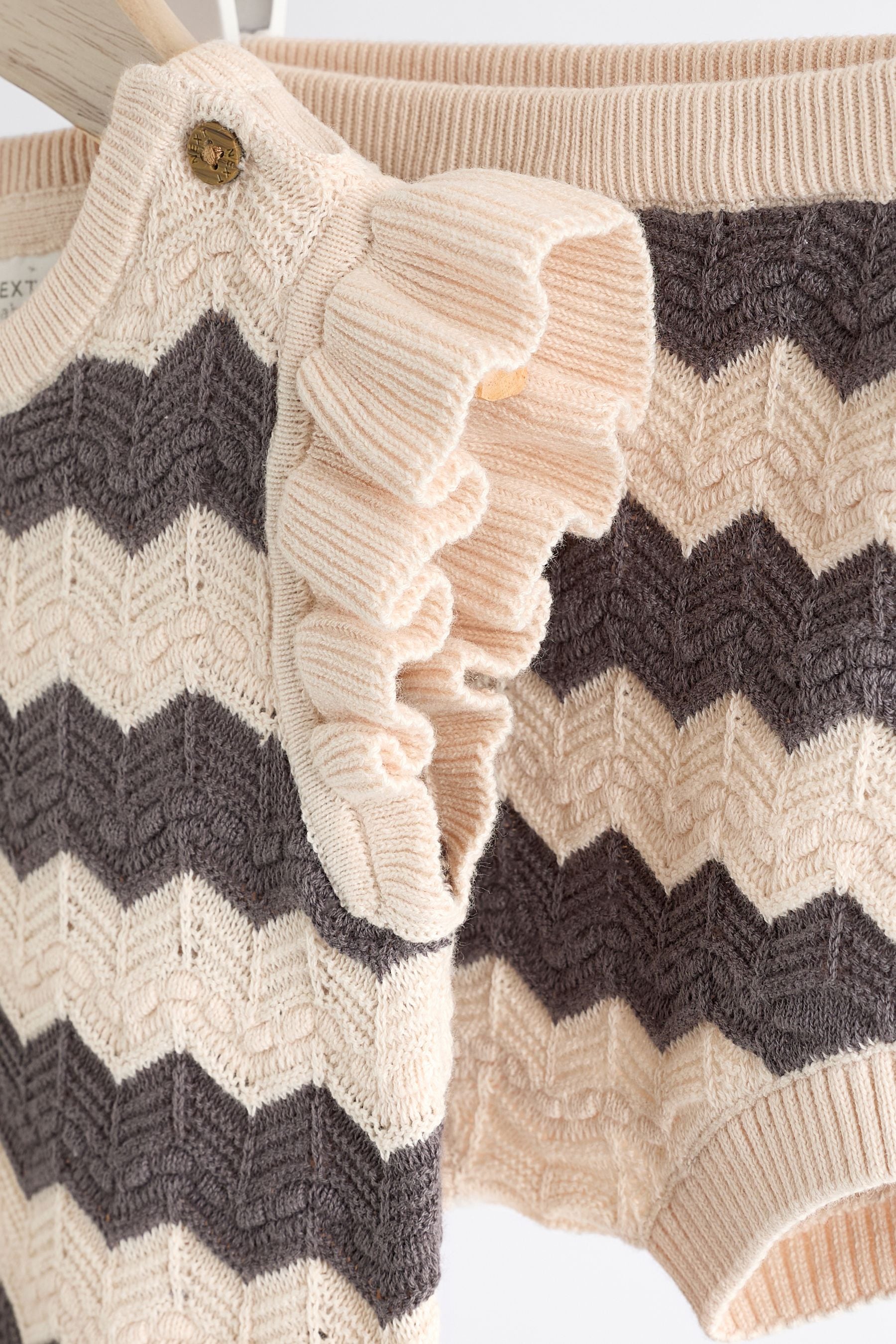 Tan/ Monochrome Zig Zag Stripe Baby Knitted Crochet Top And Shorts Set (0mths-2yrs)