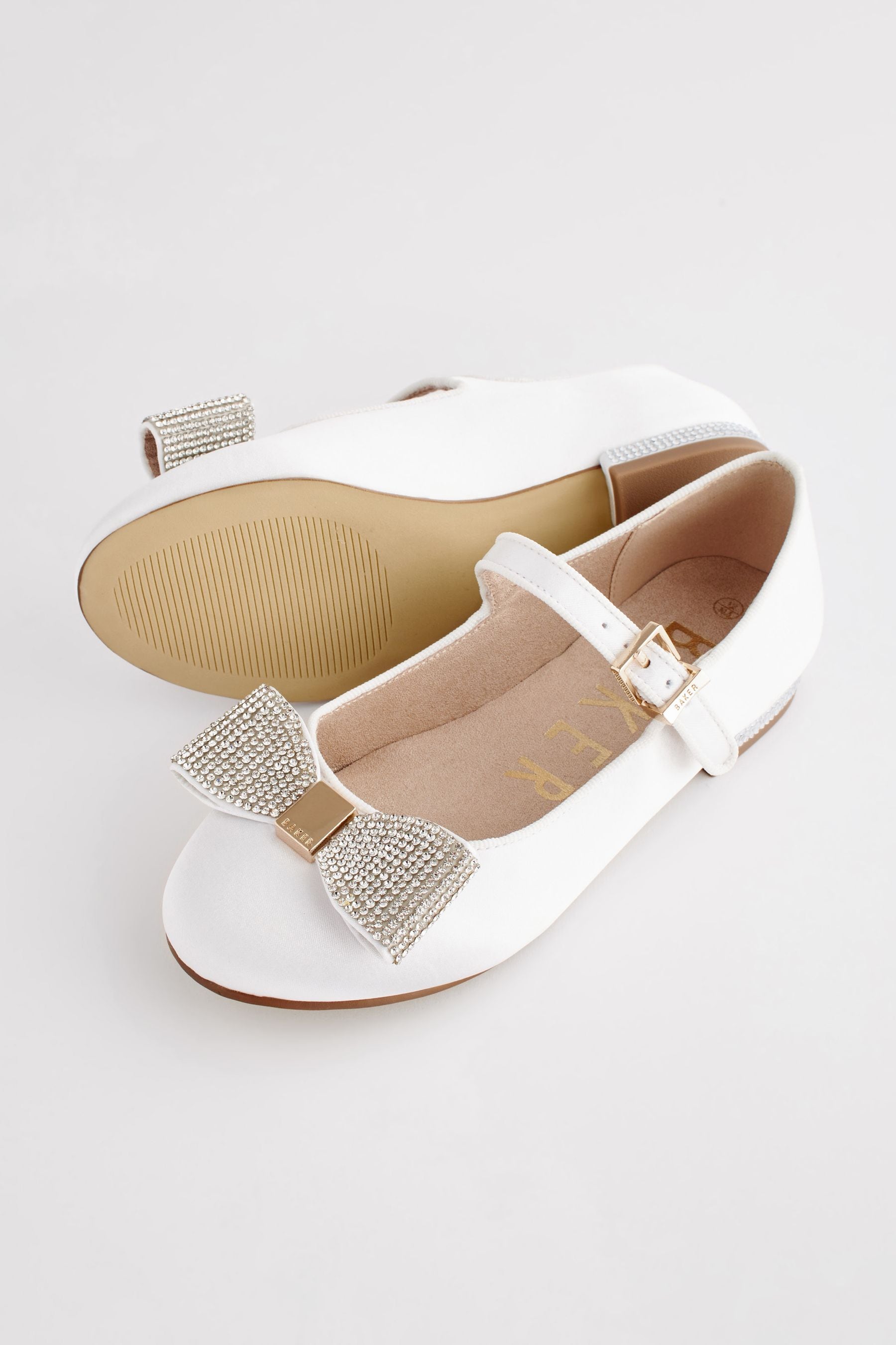 Baker by Ted Baker Girls Ivory Satin Shoes with Diamanté Bow