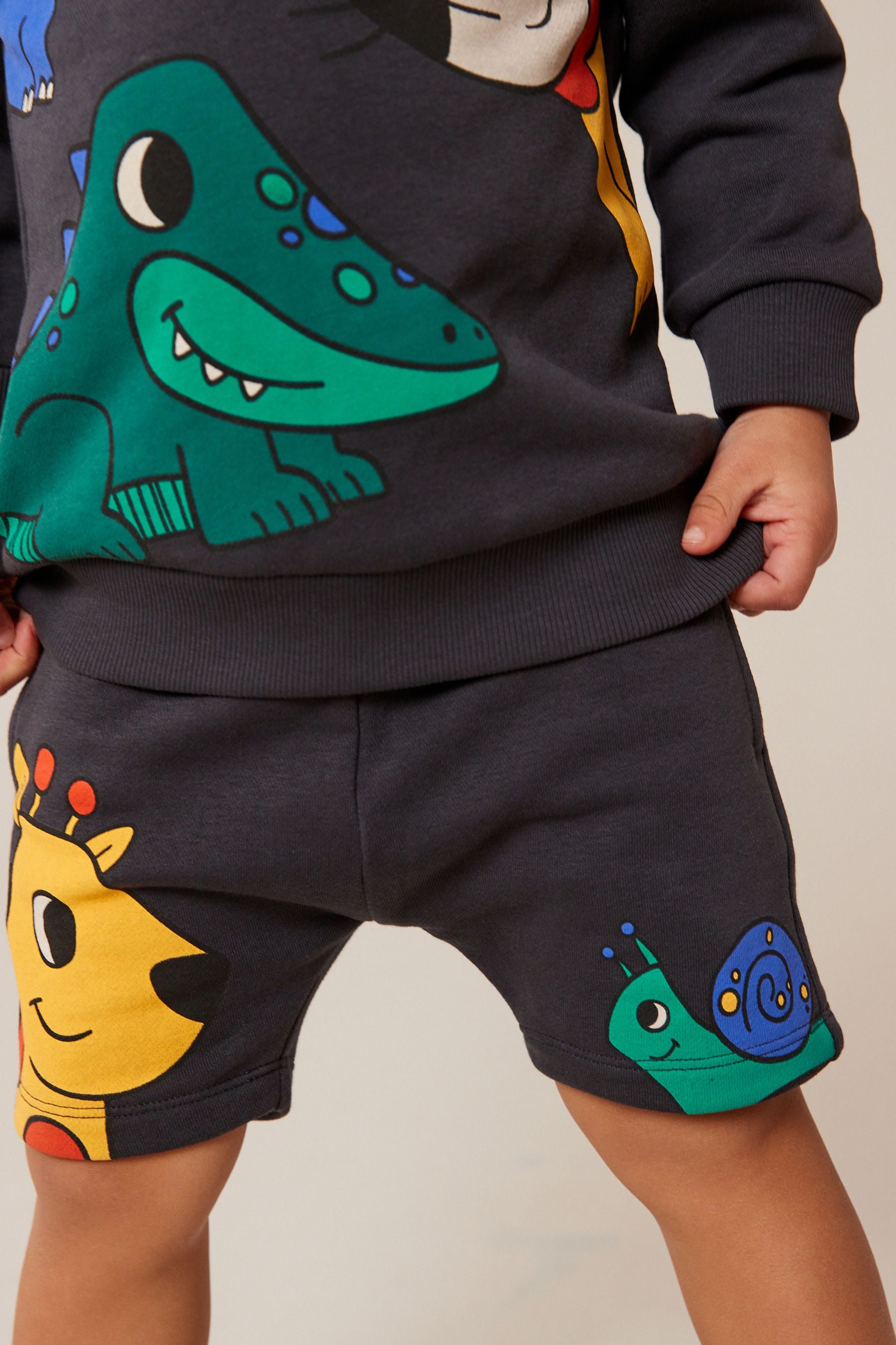 Charcoal Grey Animal Jersey Crew Neck Sweatshirt and Short Set (3mths-7yrs)